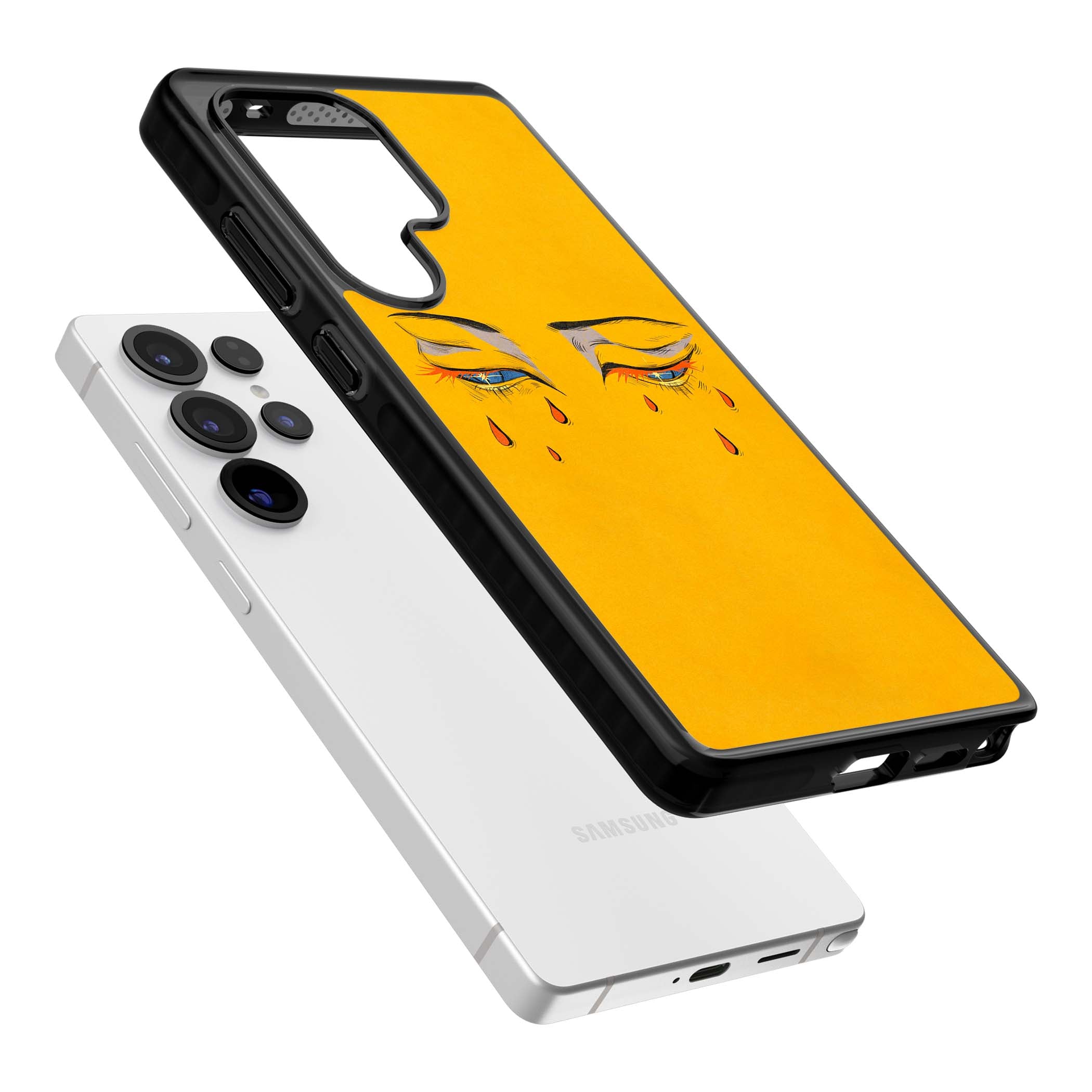 Yellow Tearful Eyes indie iPhone case featuring hand-drawn crying eyes with orange tears on a yellow background | Black Impact case for Samsung Galaxy S25 Ultra