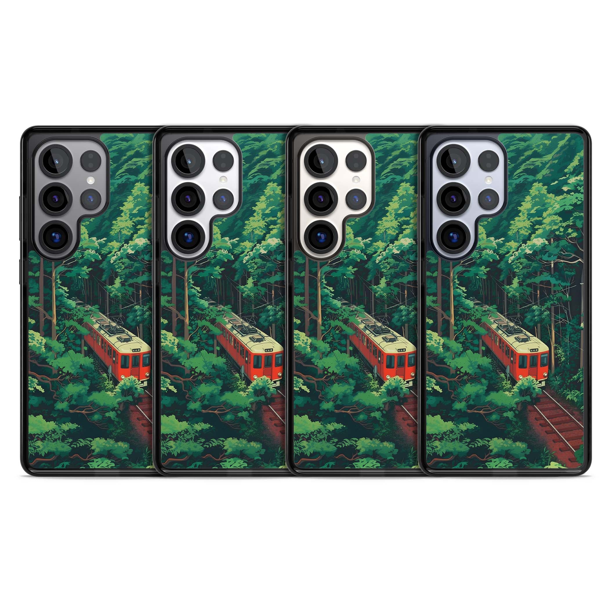 Railway In Toyama Japanese iPhone case featuring a red train, cedar forest and winding mountain railway tracks | Black Impact case for Samsung Galaxy S25 Ultra
