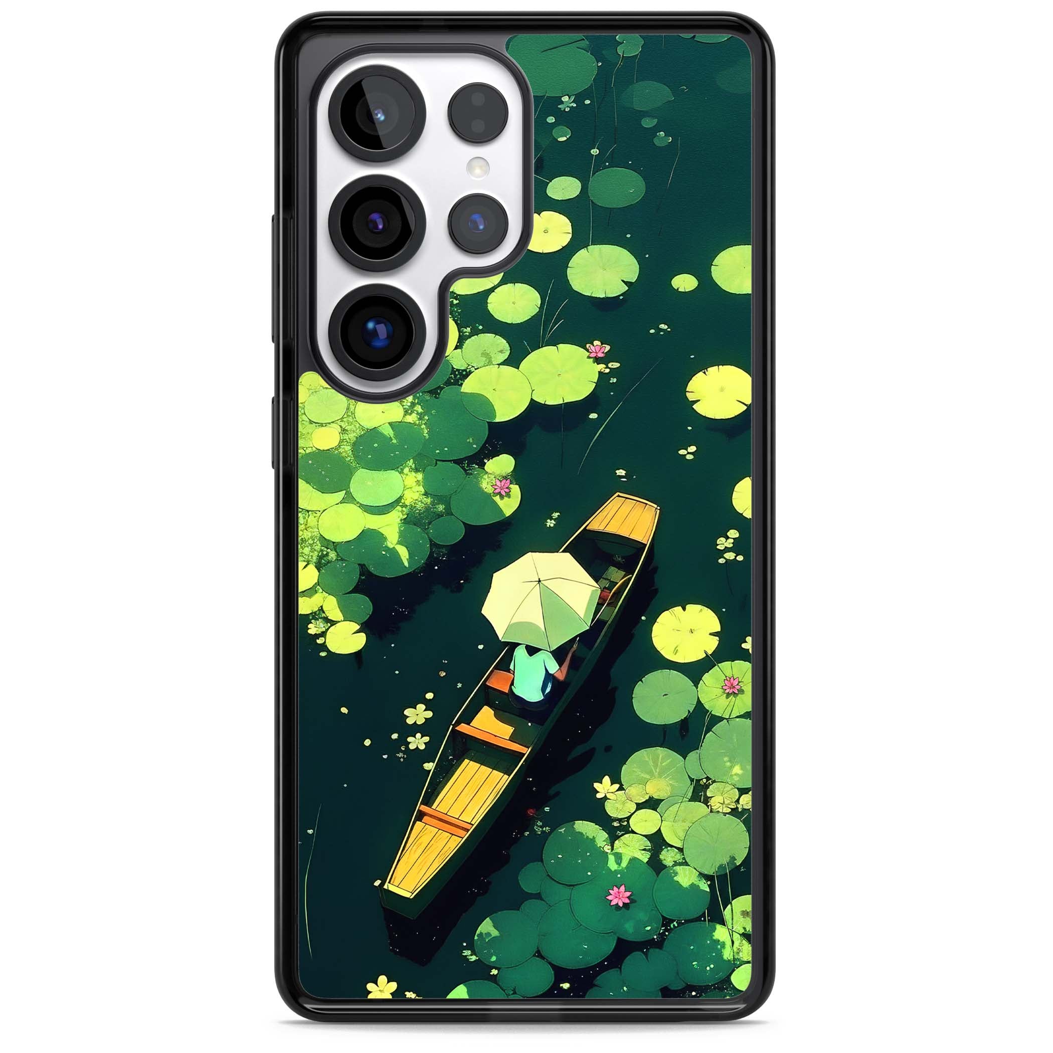 Jade Waters cottagecore iPhone case featuring a painted lily pond, wooden boat with parasol and floating water lilies | Black Impact case for Samsung Galaxy S25 Ultra