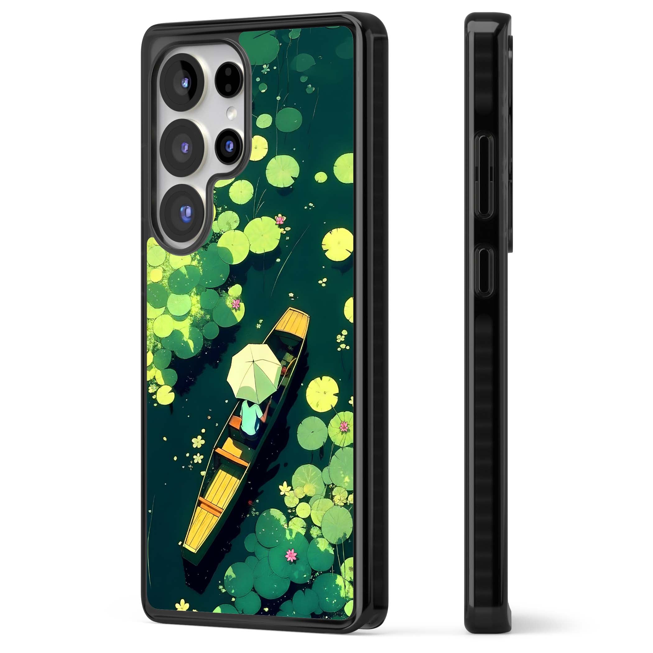 Jade Waters cottagecore iPhone case featuring a painted lily pond, wooden boat with parasol and floating water lilies | Black Impact case for Samsung Galaxy S25 Ultra