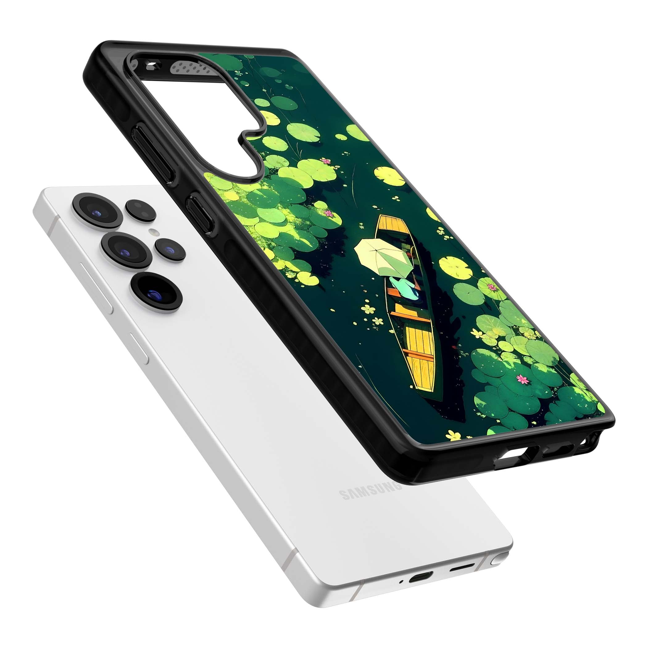 Jade Waters cottagecore iPhone case featuring a painted lily pond, wooden boat with parasol and floating water lilies | Black Impact case for Samsung Galaxy S25 Ultra