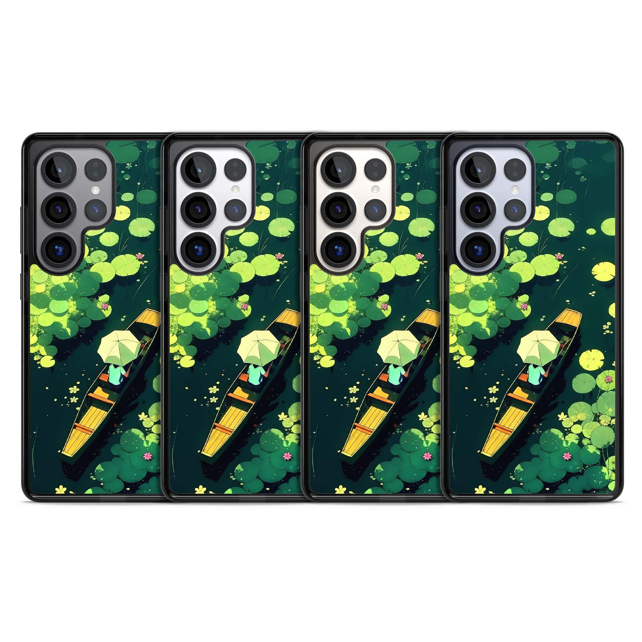 Jade Waters cottagecore iPhone case featuring a painted lily pond, wooden boat with parasol and floating water lilies | Black Impact case for Samsung Galaxy S25 Ultra