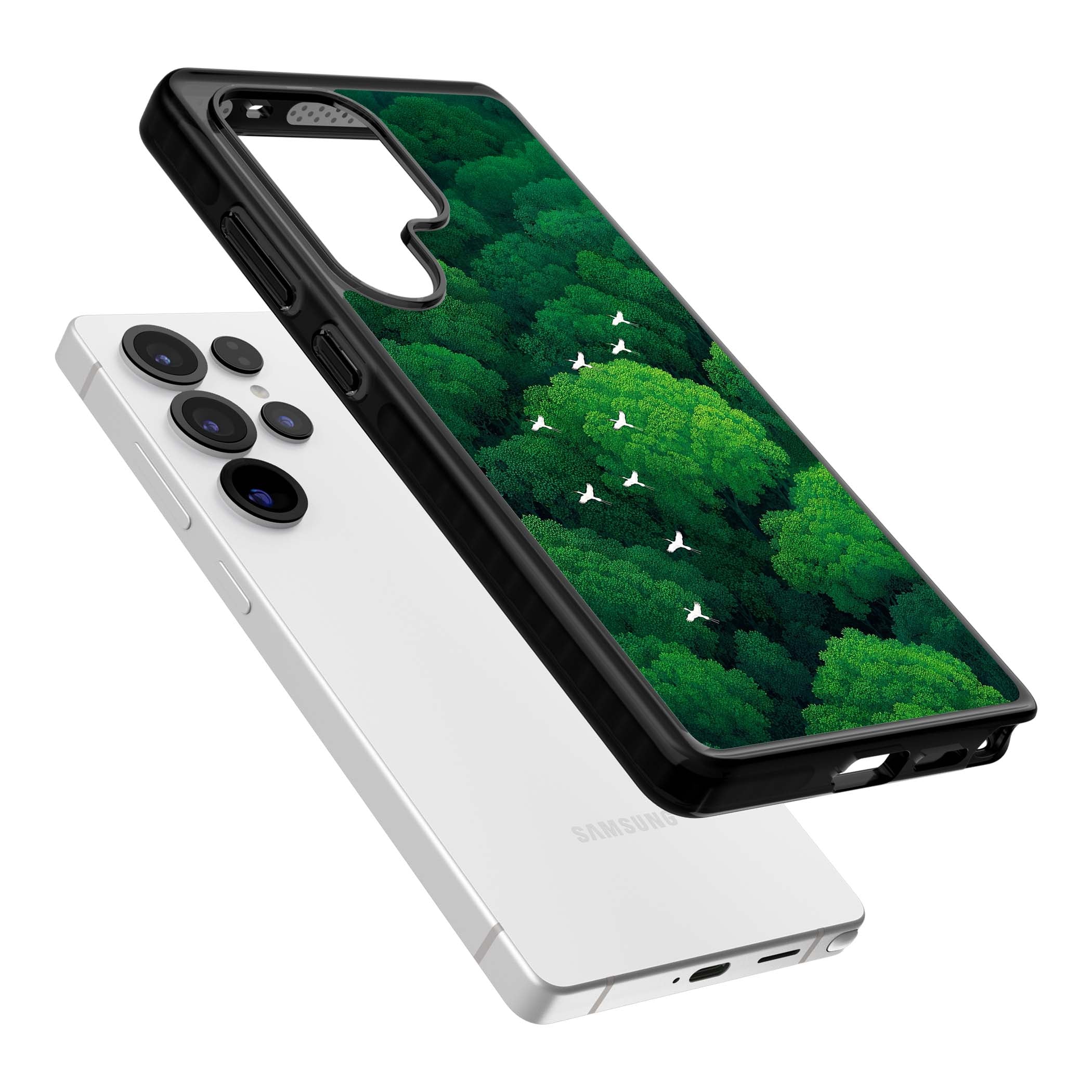 Grove Migration forest iPhone case featuring white cranes flying over lush green treetop canopy | Black Impact case for Samsung Galaxy S25 Ultra