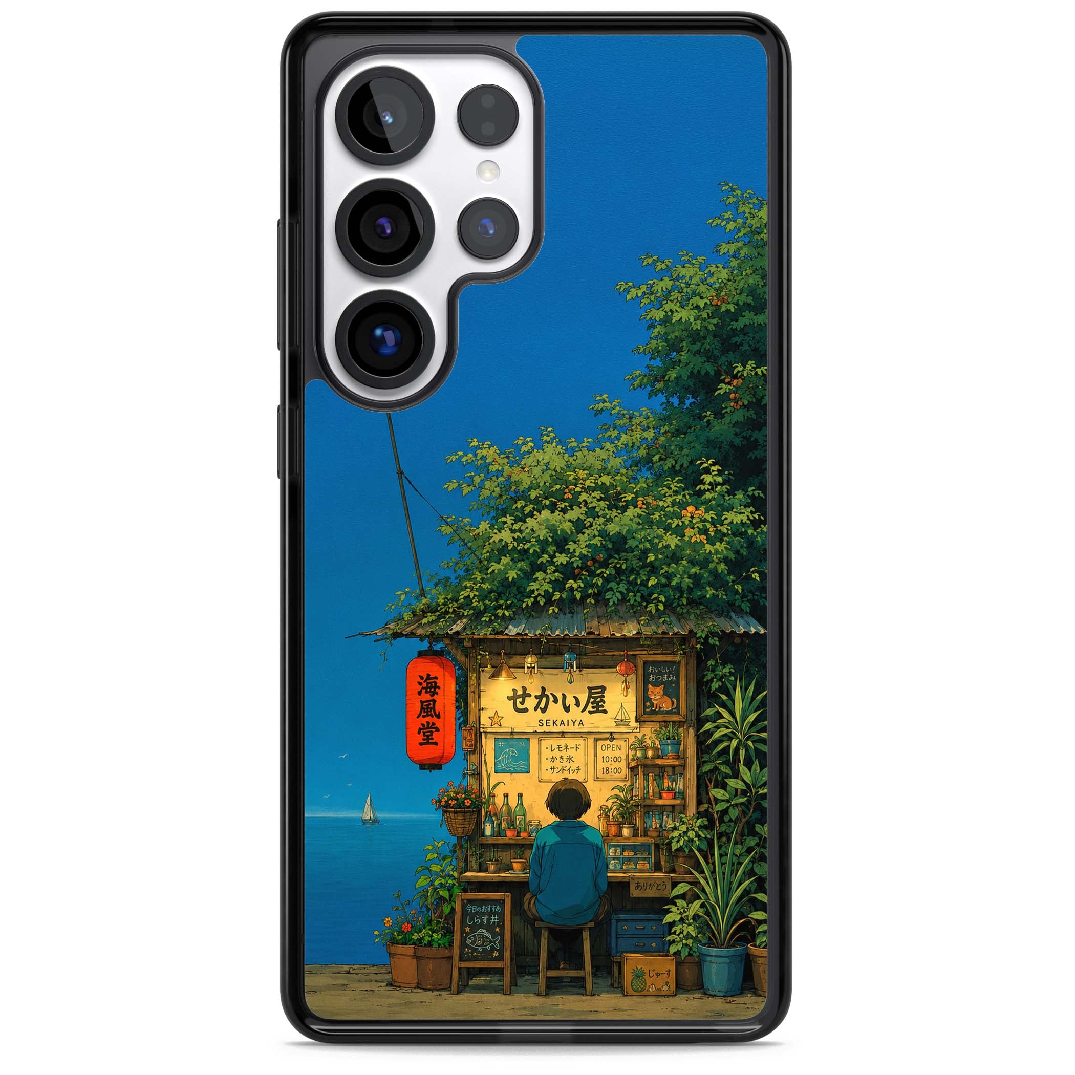 The Shirahama Kiosk anime iPhone case featuring a Japanese seaside shop, red paper lantern and ocean view | Black Impact case for Samsung Galaxy S25 Ultra