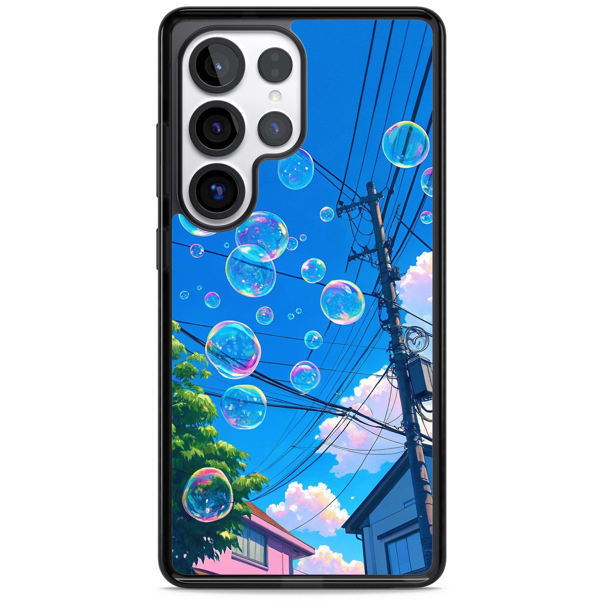 Suburban Bubbles anime iPhone case featuring iridescent soap bubbles, blue sky and Japanese telephone wires | Black Impact case for Samsung Galaxy S25 Ultra