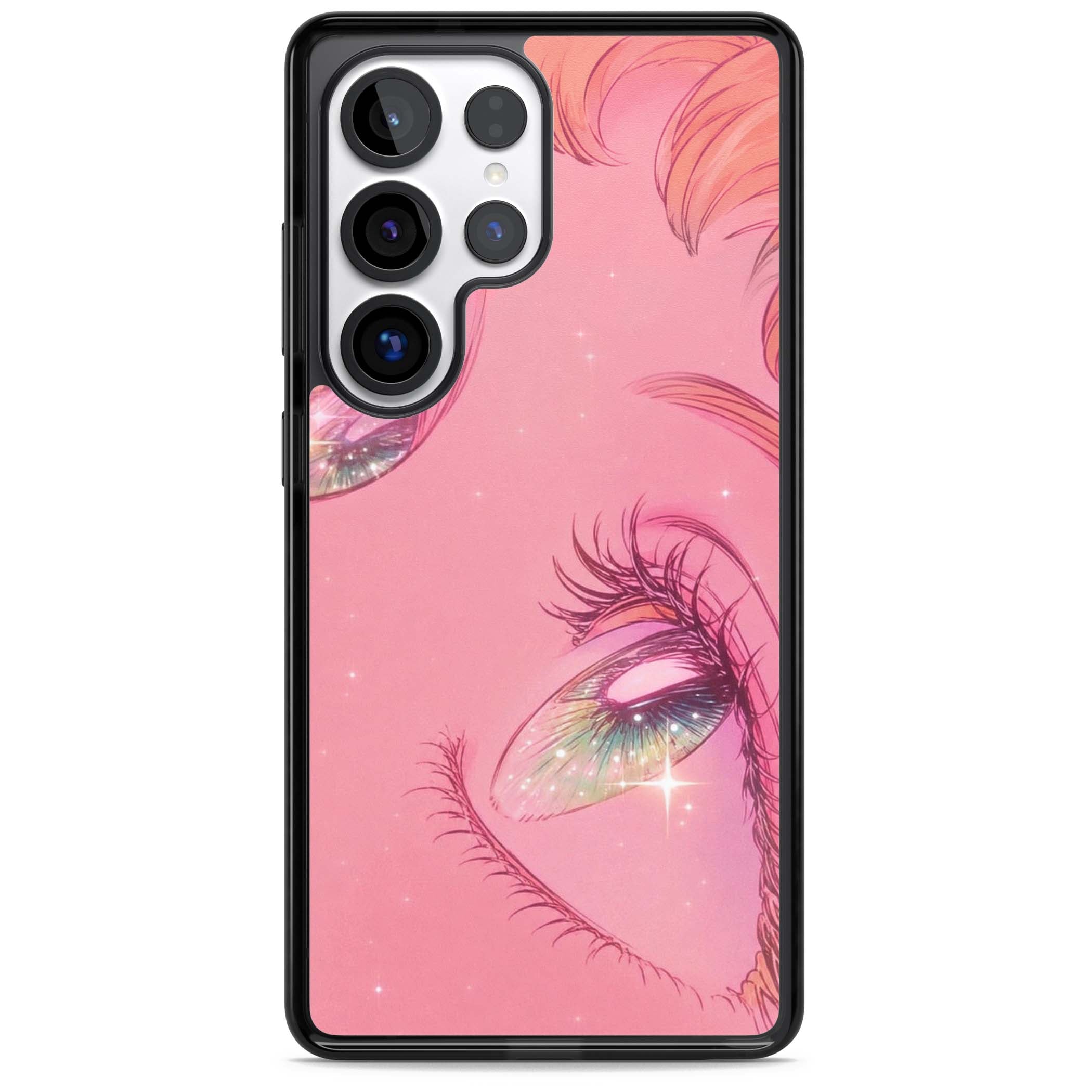 Pink Ethereal Gaze anime iPhone case featuring sparkling manga eyes, coral lashes and dreamy peach sky | Black Impact case for Samsung Galaxy S25 Ultra