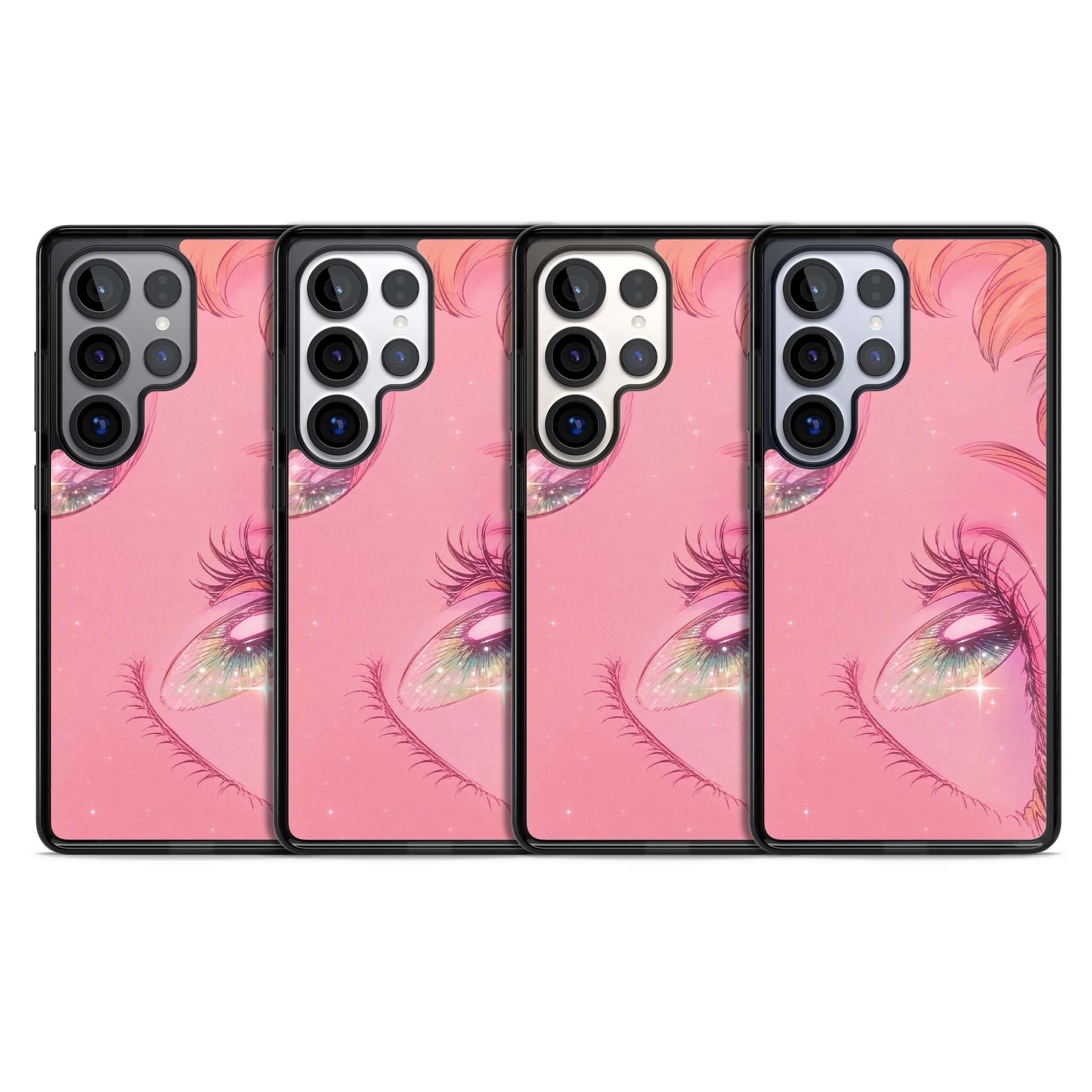 Pink Ethereal Gaze anime iPhone case featuring sparkling manga eyes, coral lashes and dreamy peach sky | Black Impact case for Samsung Galaxy S25 Ultra