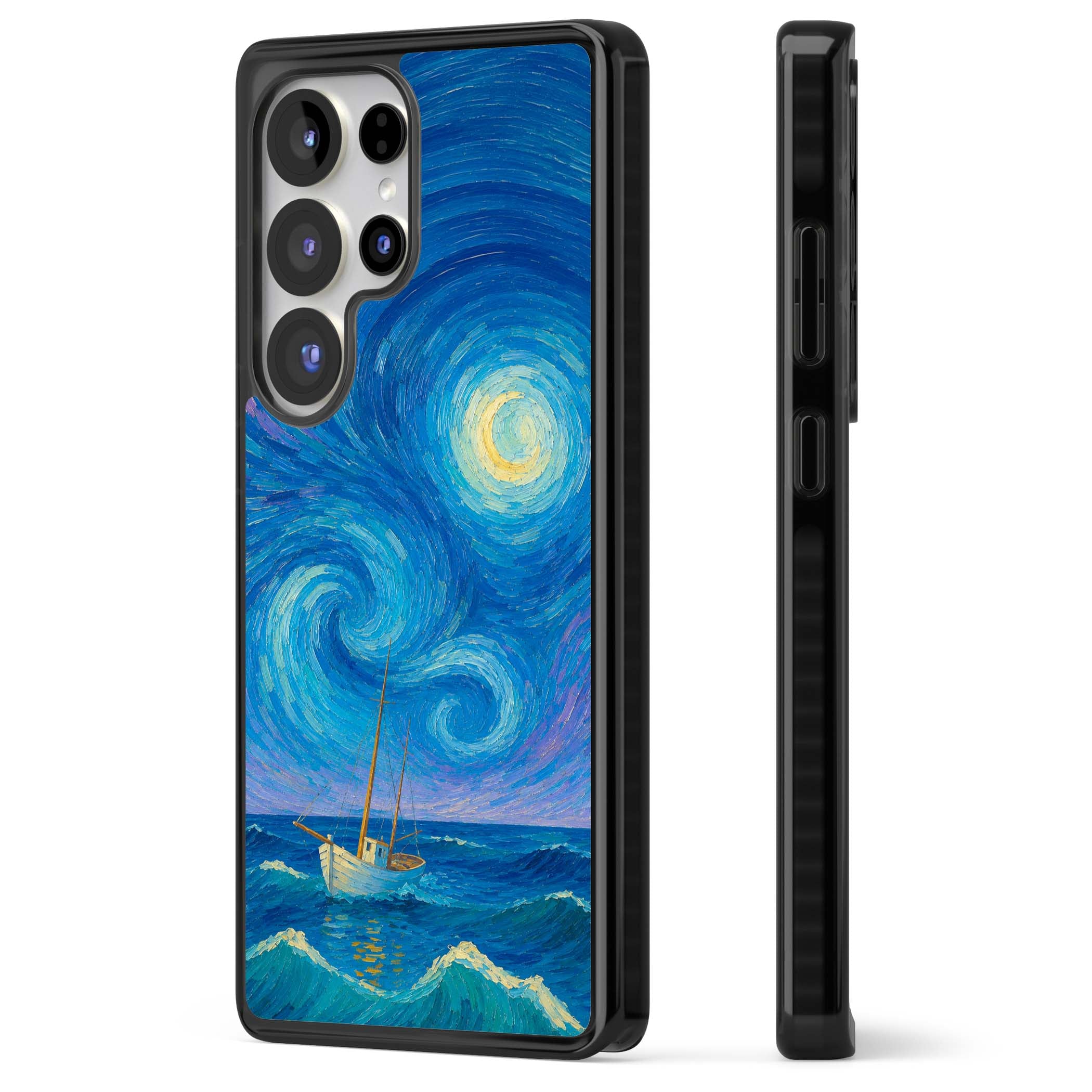Moonlit Tide Van Gogh art iPhone case featuring swirling starry night sky, glowing moon and lone sailing boat at sea | Black Impact case for Samsung Galaxy S25 Ultra