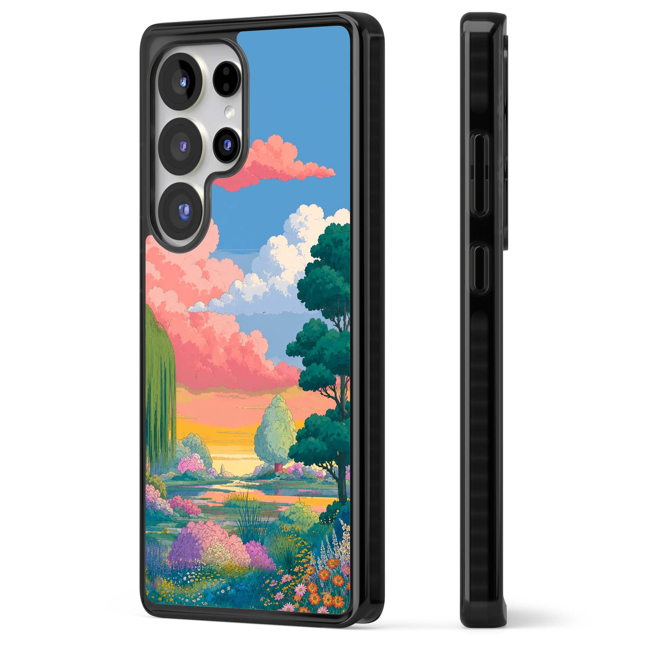 Dream Valley anime landscape iPhone case featuring pink sunset clouds, willow trees and wildflowers | Black Impact case for Samsung Galaxy S25 Ultra