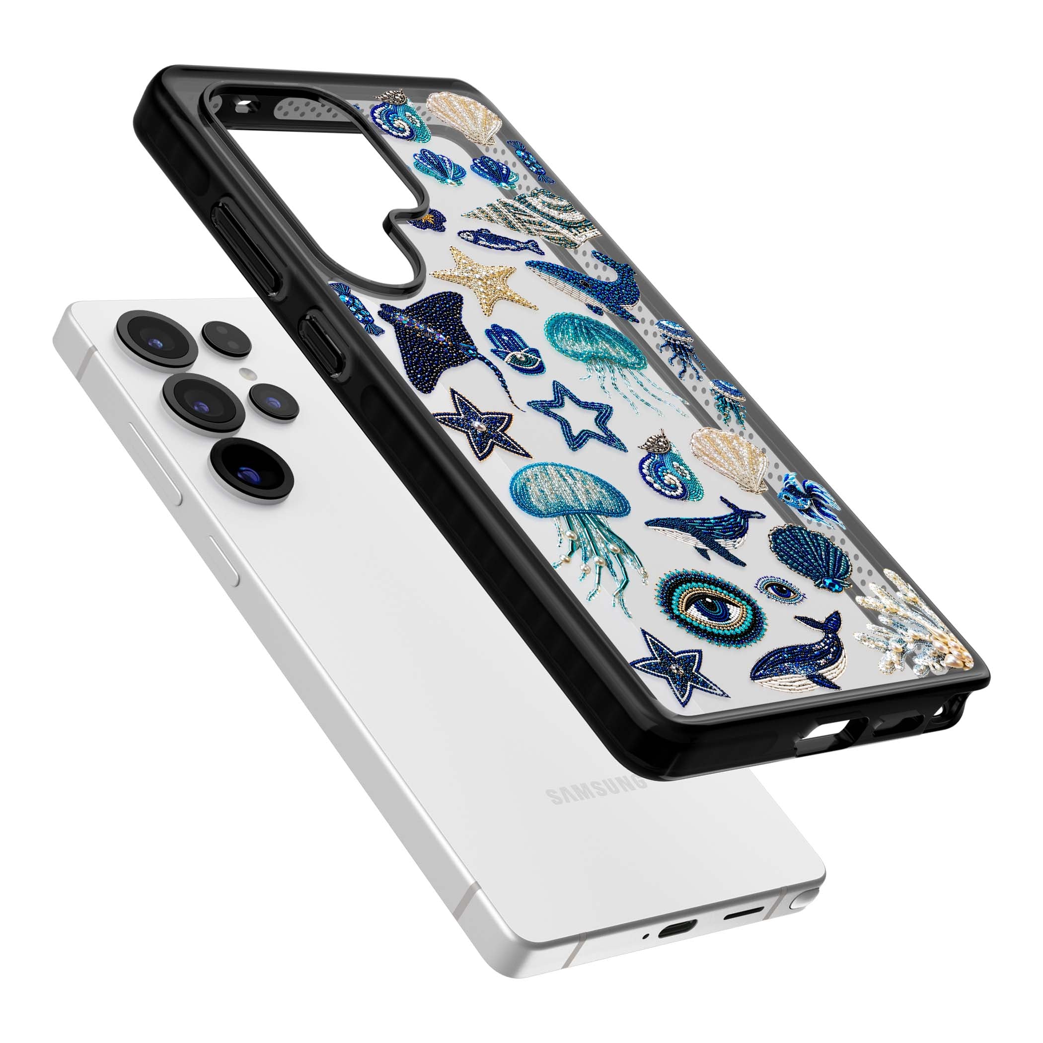 Beaded Coastal coastal iPhone case featuring embroidered seashells, jellyfish and a blue whale on clear | Black Impact case for Samsung Galaxy S25 Ultra