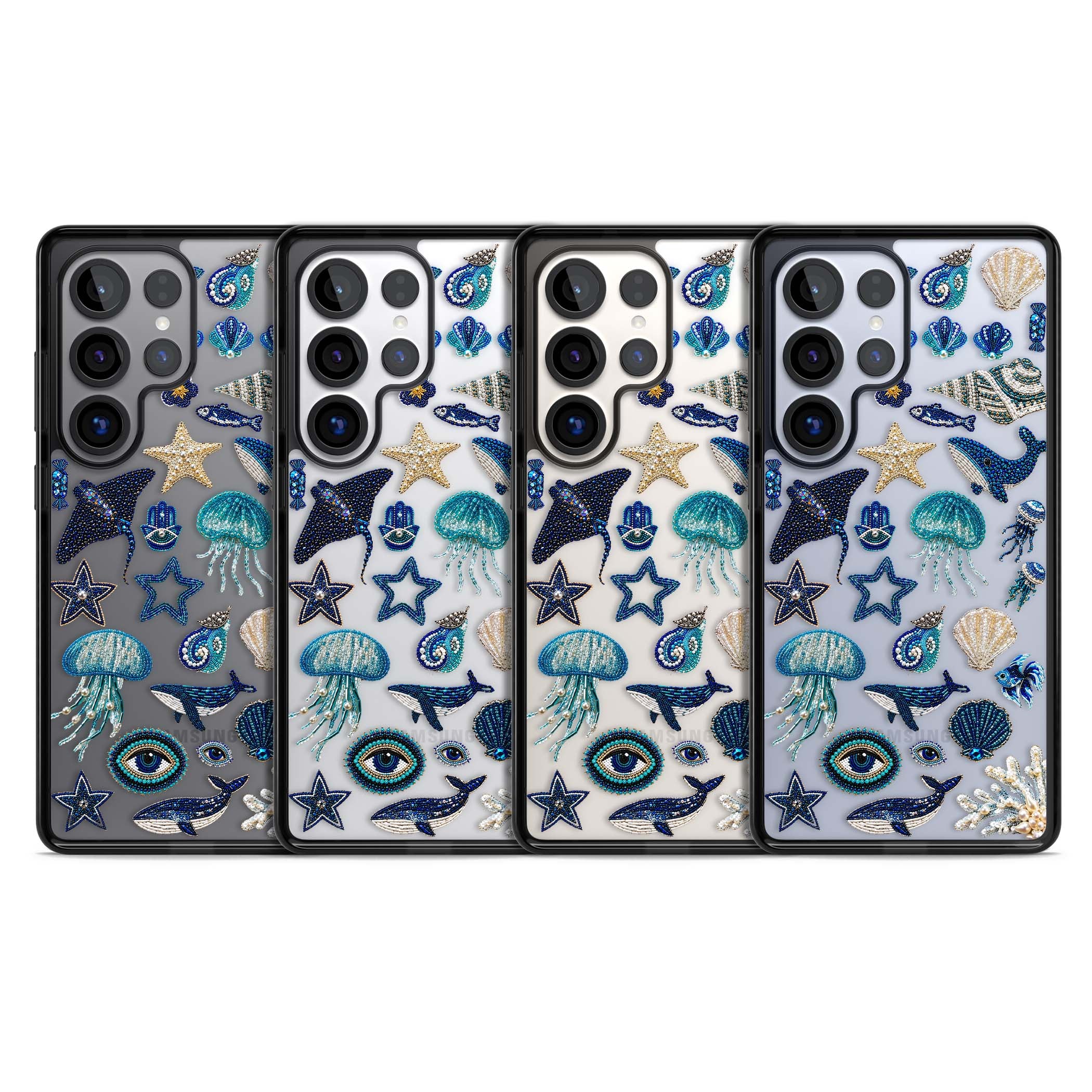 Beaded Coastal coastal iPhone case featuring embroidered seashells, jellyfish and a blue whale on clear | Black Impact case for Samsung Galaxy S25 Ultra