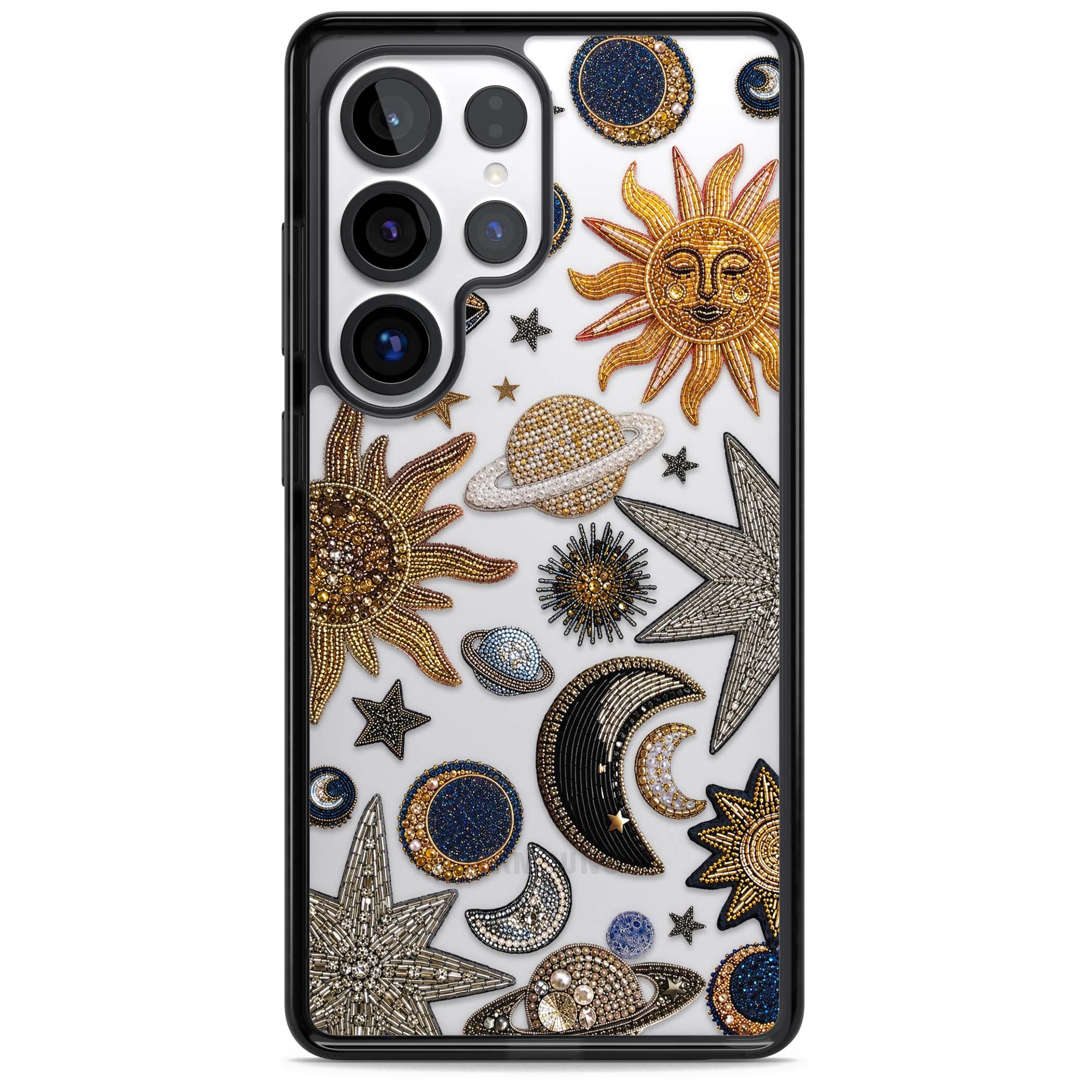 Beaded Cosmos celestial iPhone case featuring embroidered golden suns, beaded planets and silver shooting stars | Black Impact case for Samsung Galaxy S25 Ultra