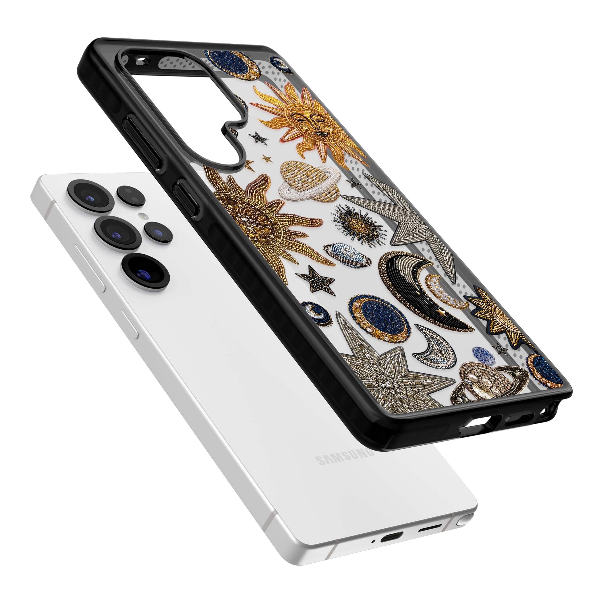 Beaded Cosmos celestial iPhone case featuring embroidered golden suns, beaded planets and silver shooting stars | Black Impact case for Samsung Galaxy S25 Ultra