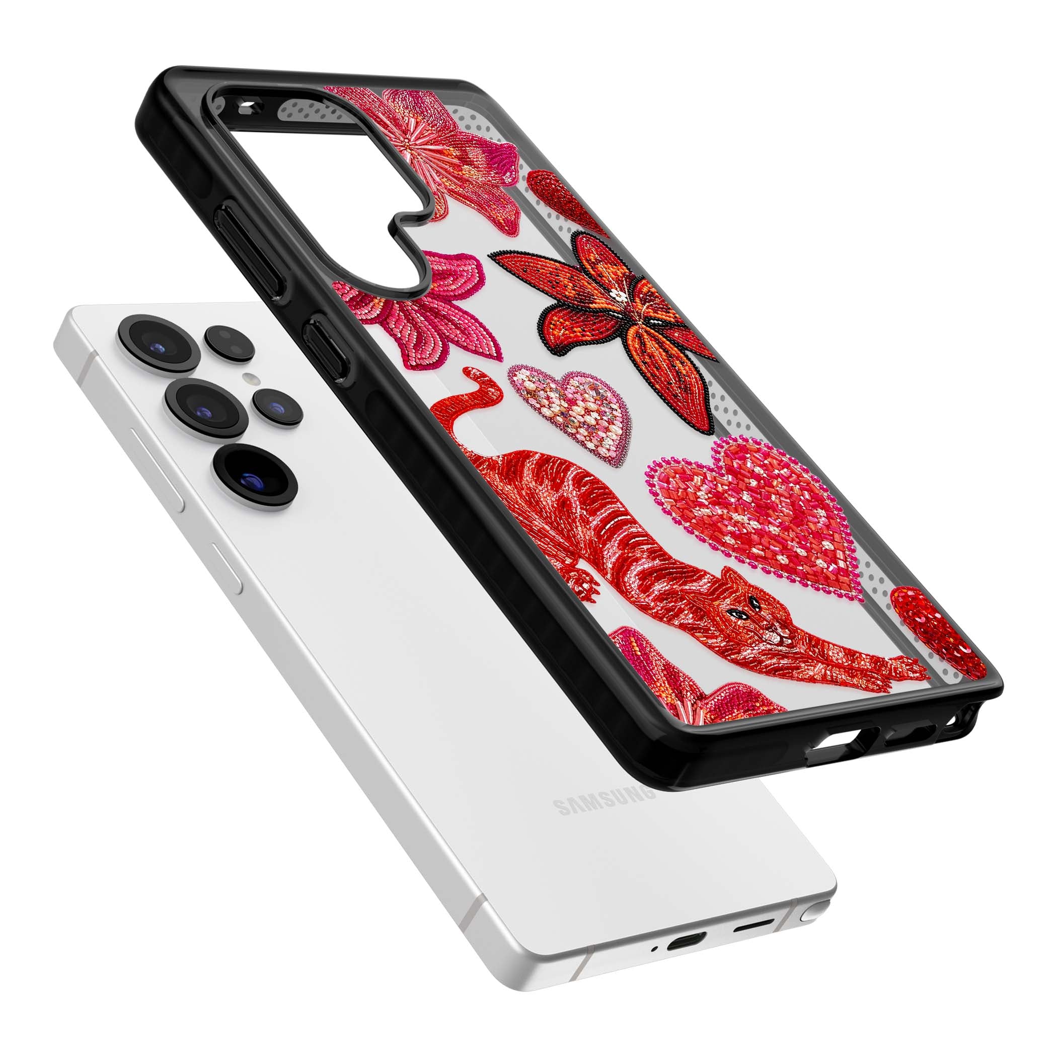 Beaded Boho floral iPhone case featuring beaded red lilies, a stitched tiger, and pearl-encrusted hearts on clear | Black Impact case for Samsung Galaxy S25 Ultra