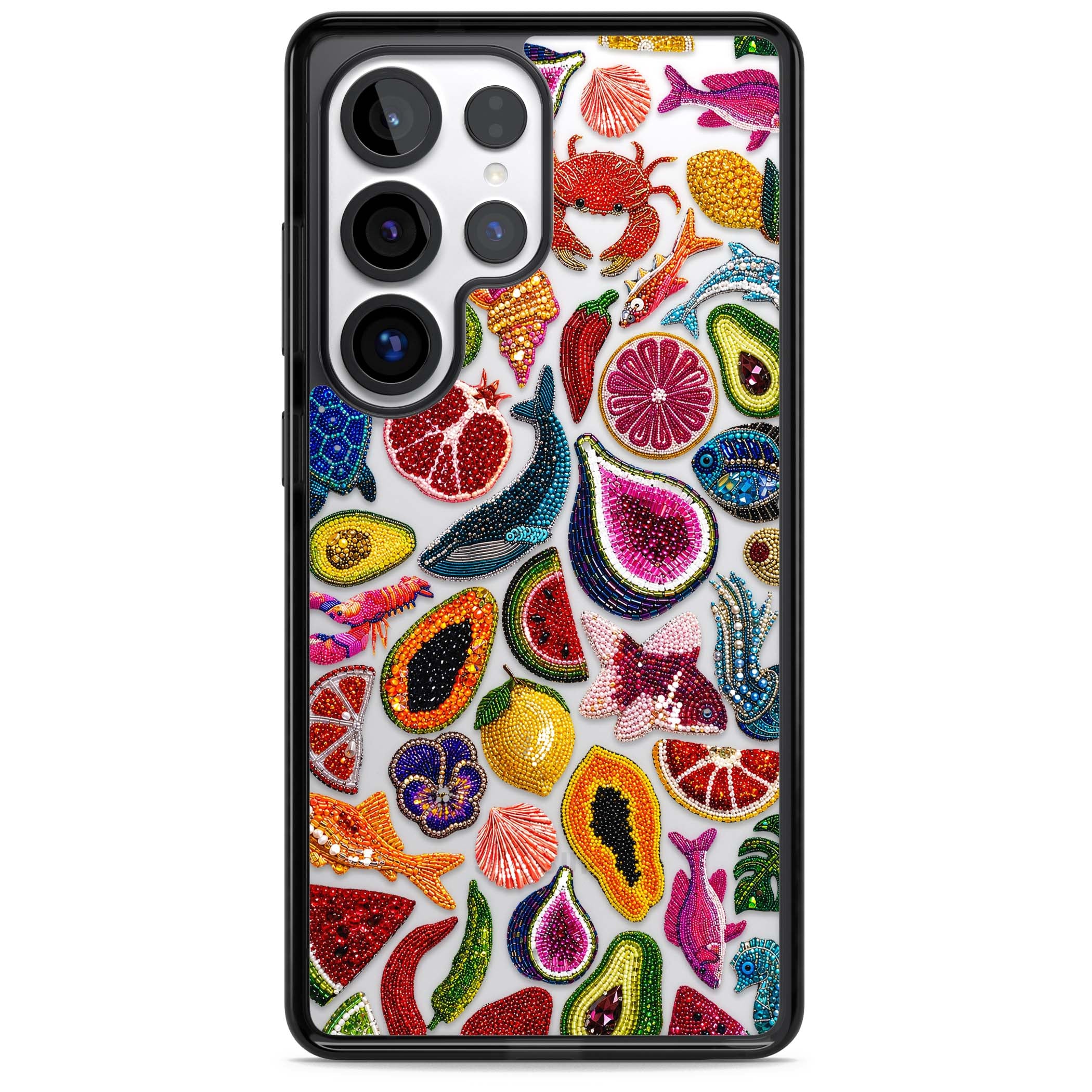 Beaded Tropic tropical iPhone case featuring beaded fruit, fish, crabs and seashells in vibrant colour | Black Impact case for Samsung Galaxy S25 Ultra