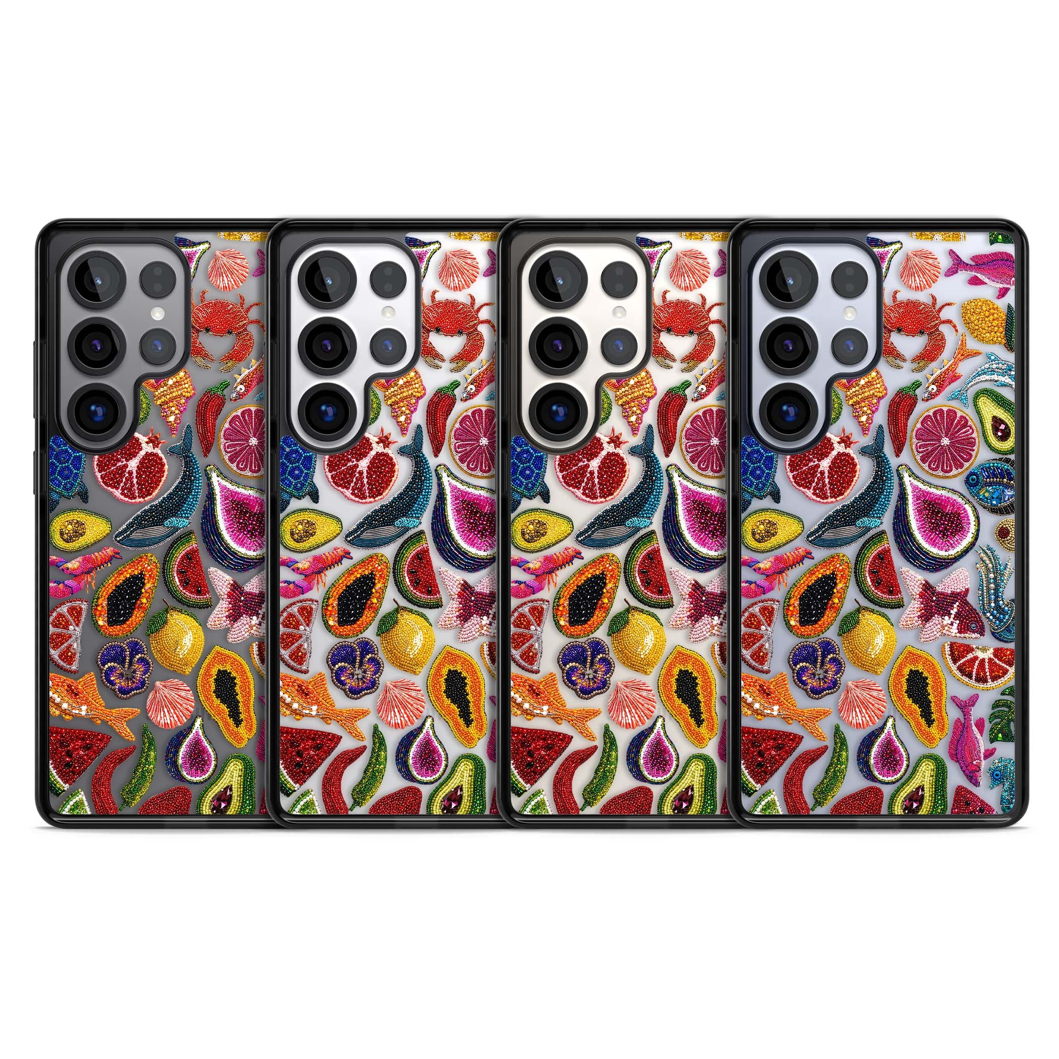 Beaded Tropic tropical iPhone case featuring beaded fruit, fish, crabs and seashells in vibrant colour | Black Impact case for Samsung Galaxy S25 Ultra