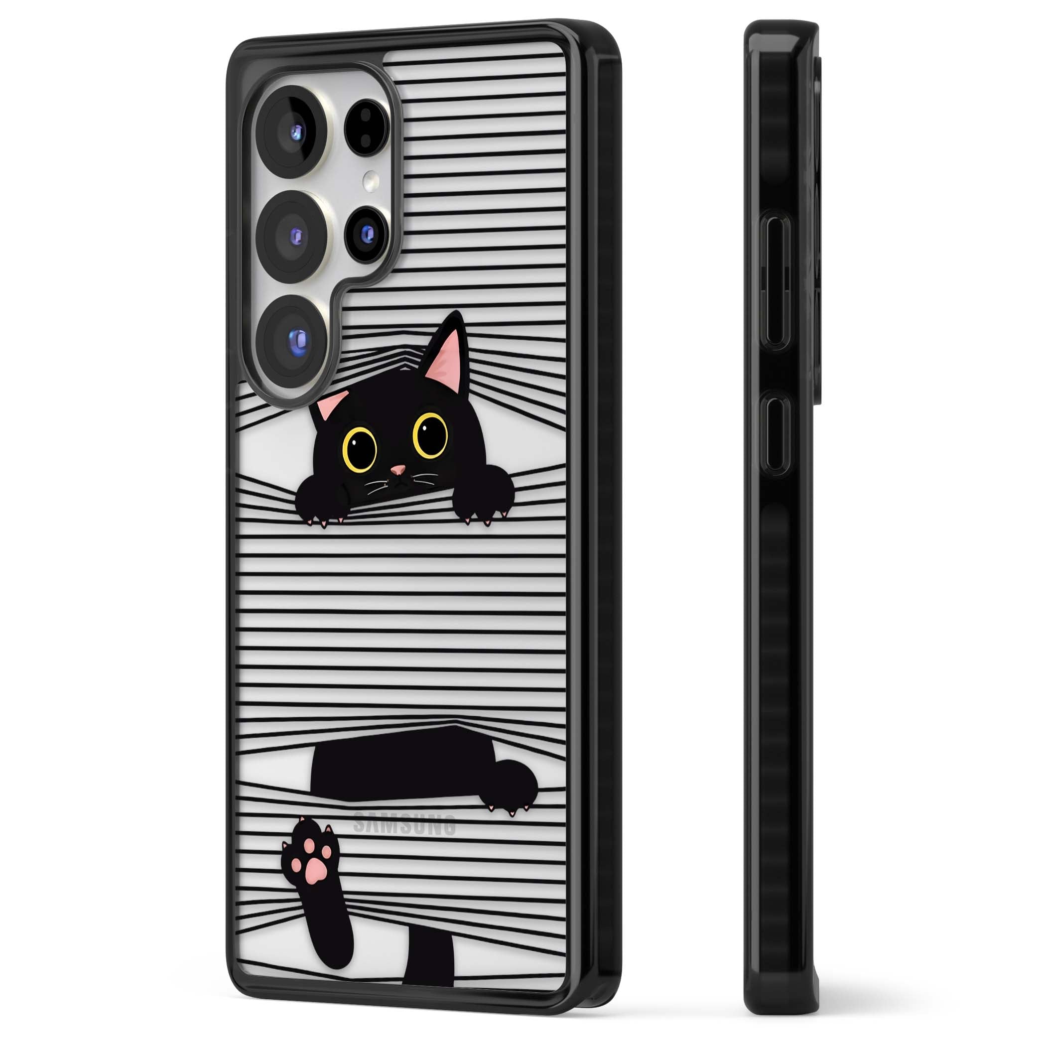 Peek-a-Boo Cat minimal iPhone case featuring black cat peeking through horizontal black and white stripes | Black Impact case for Samsung Galaxy S25 Ultra