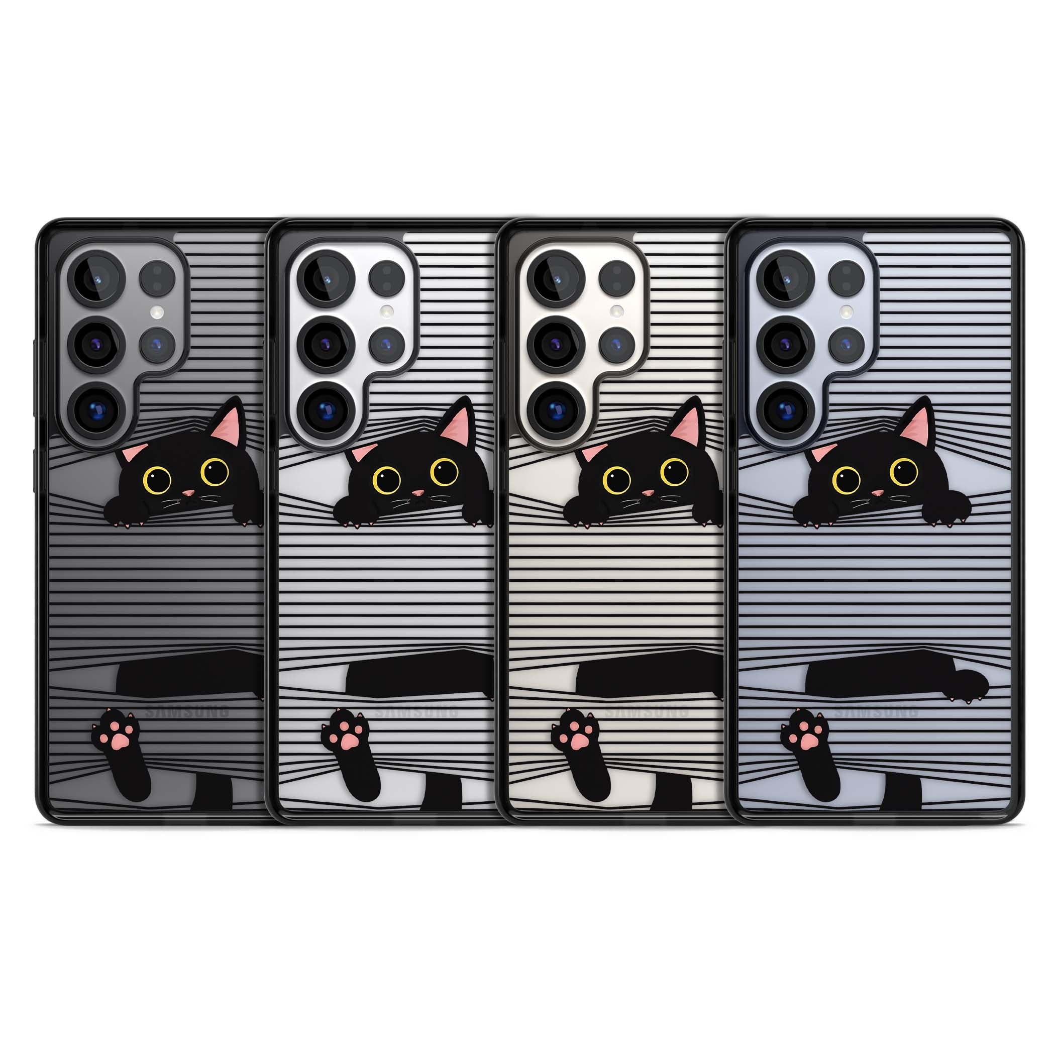 Peek-a-Boo Cat minimal iPhone case featuring black cat peeking through horizontal black and white stripes | Black Impact case for Samsung Galaxy S25 Ultra
