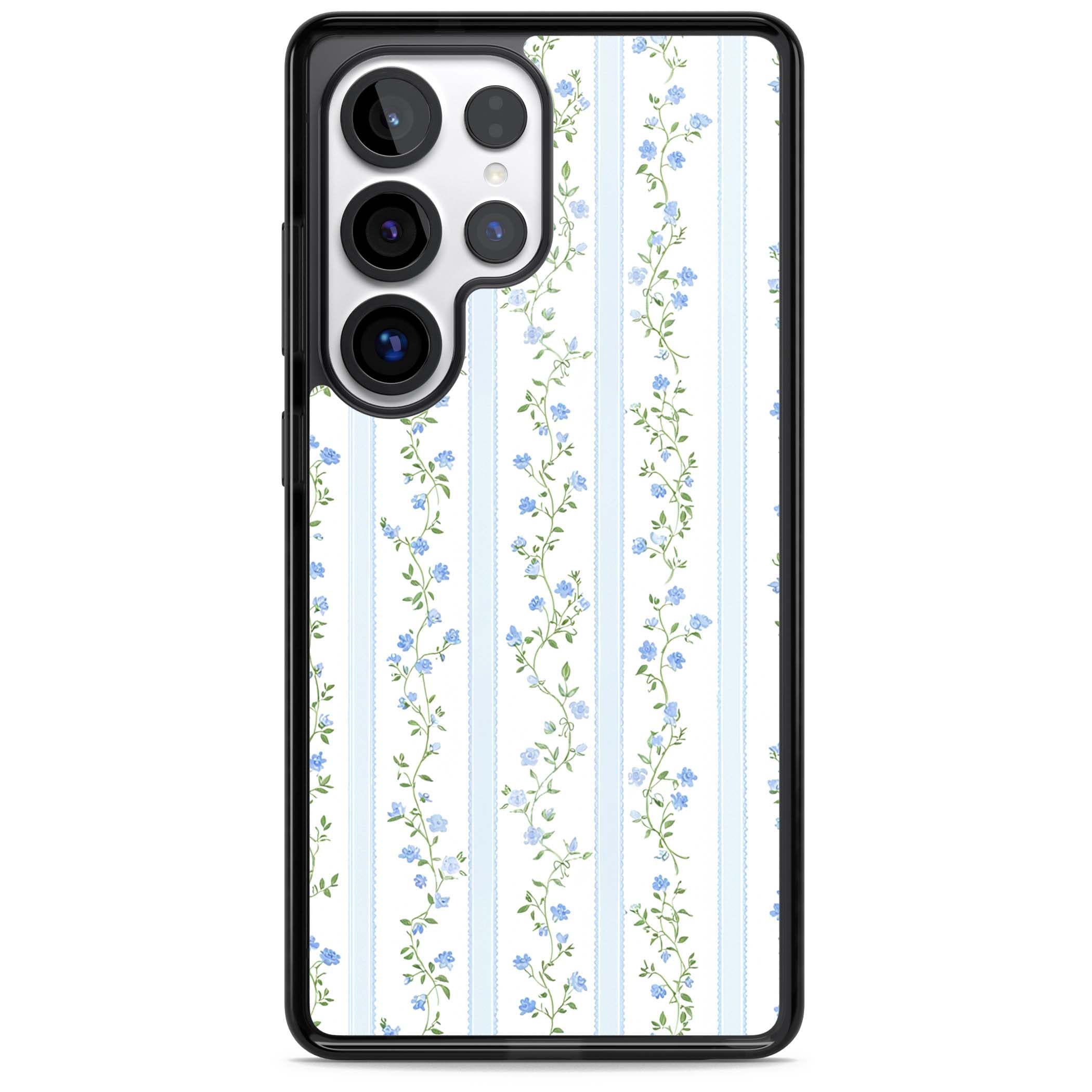 Bluebell Vine cottagecore iPhone case featuring climbing blue roses, trailing green vines, and pale ticking stripes | Black Impact case for Samsung Galaxy S25 Ultra