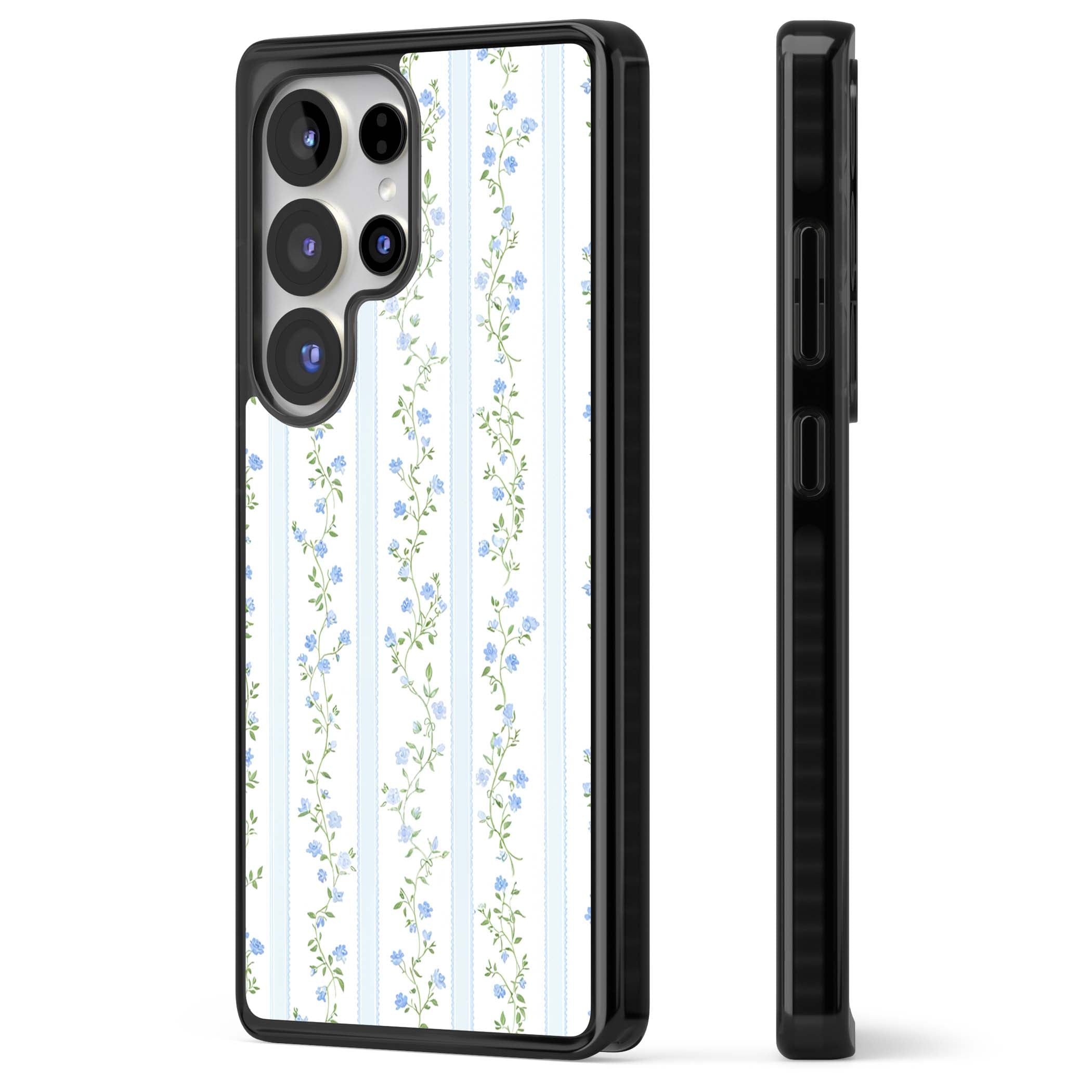 Bluebell Vine cottagecore iPhone case featuring climbing blue roses, trailing green vines, and pale ticking stripes | Black Impact case for Samsung Galaxy S25 Ultra