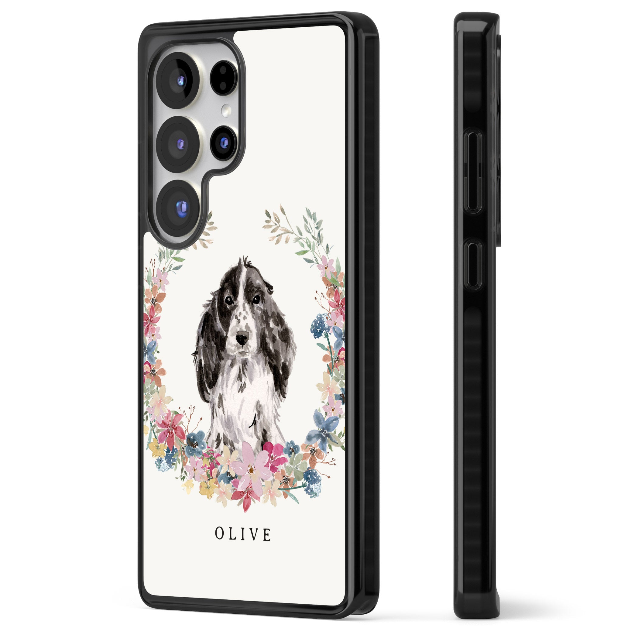 Personalised Black Cocker Spaniel Floral Portrait