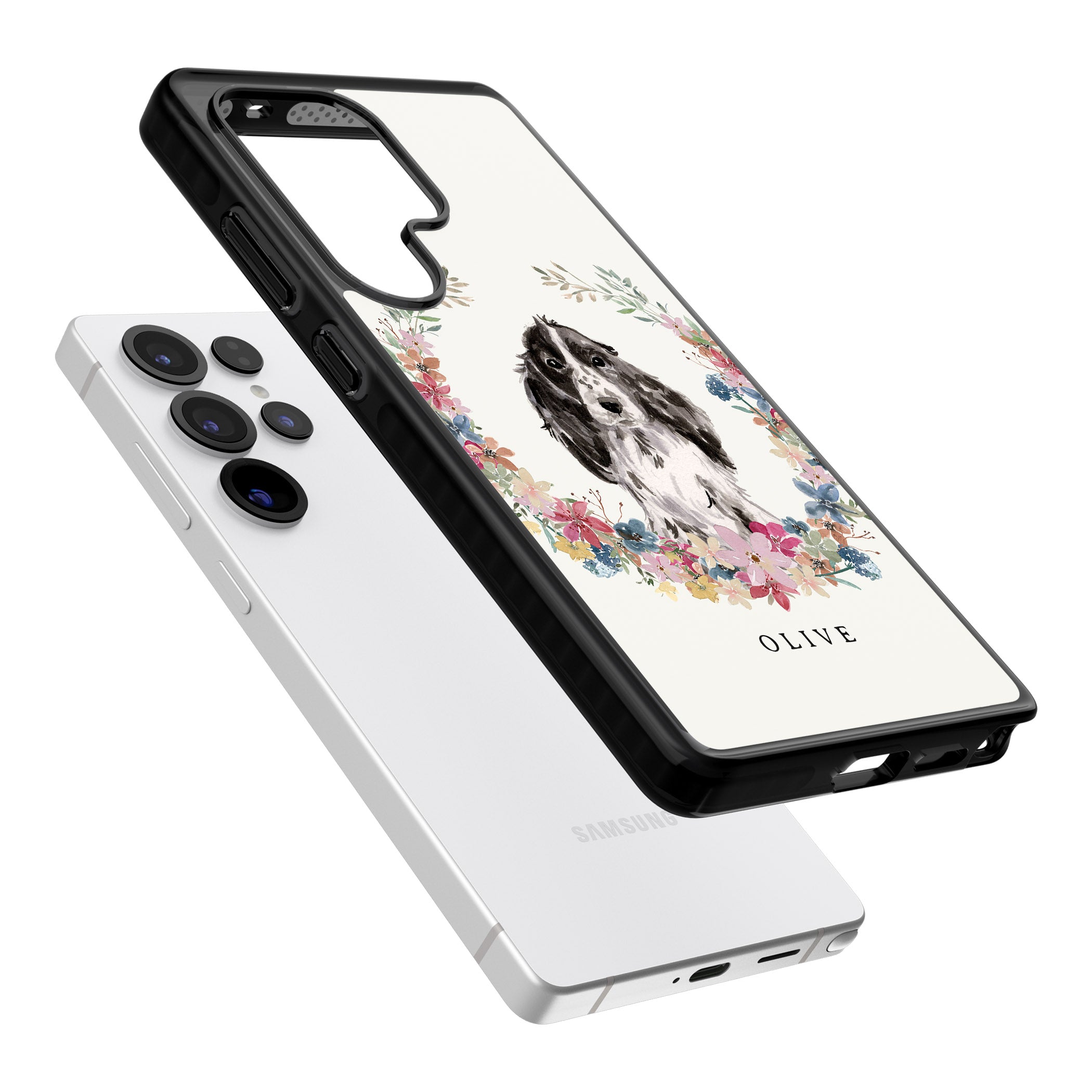 Personalised Black Cocker Spaniel Floral Portrait