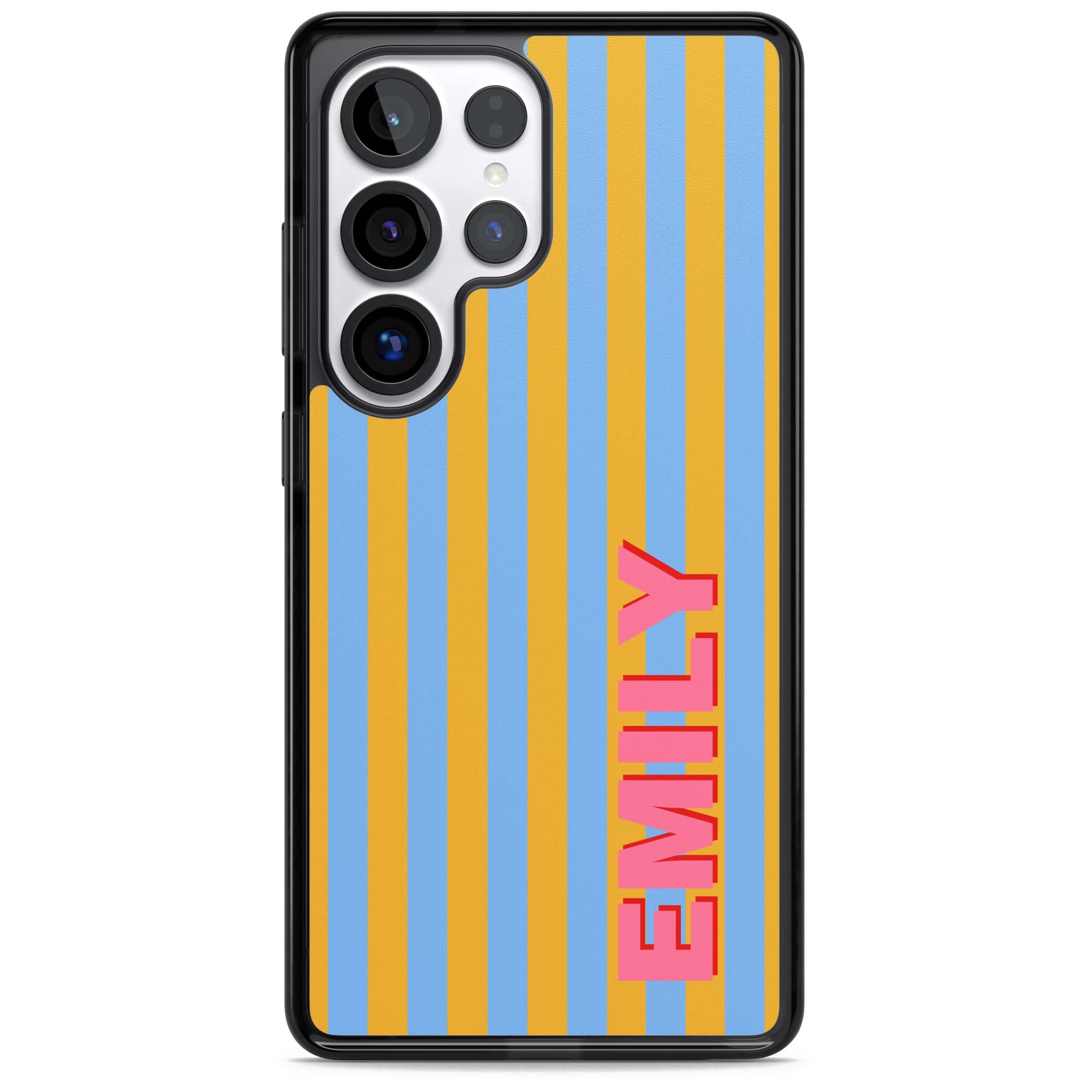Carribean Stripe personalised coastal iPhone case with yellow and blue vertical stripes and a custom pink name | Black Impact case for Samsung Galaxy S25 Ultra