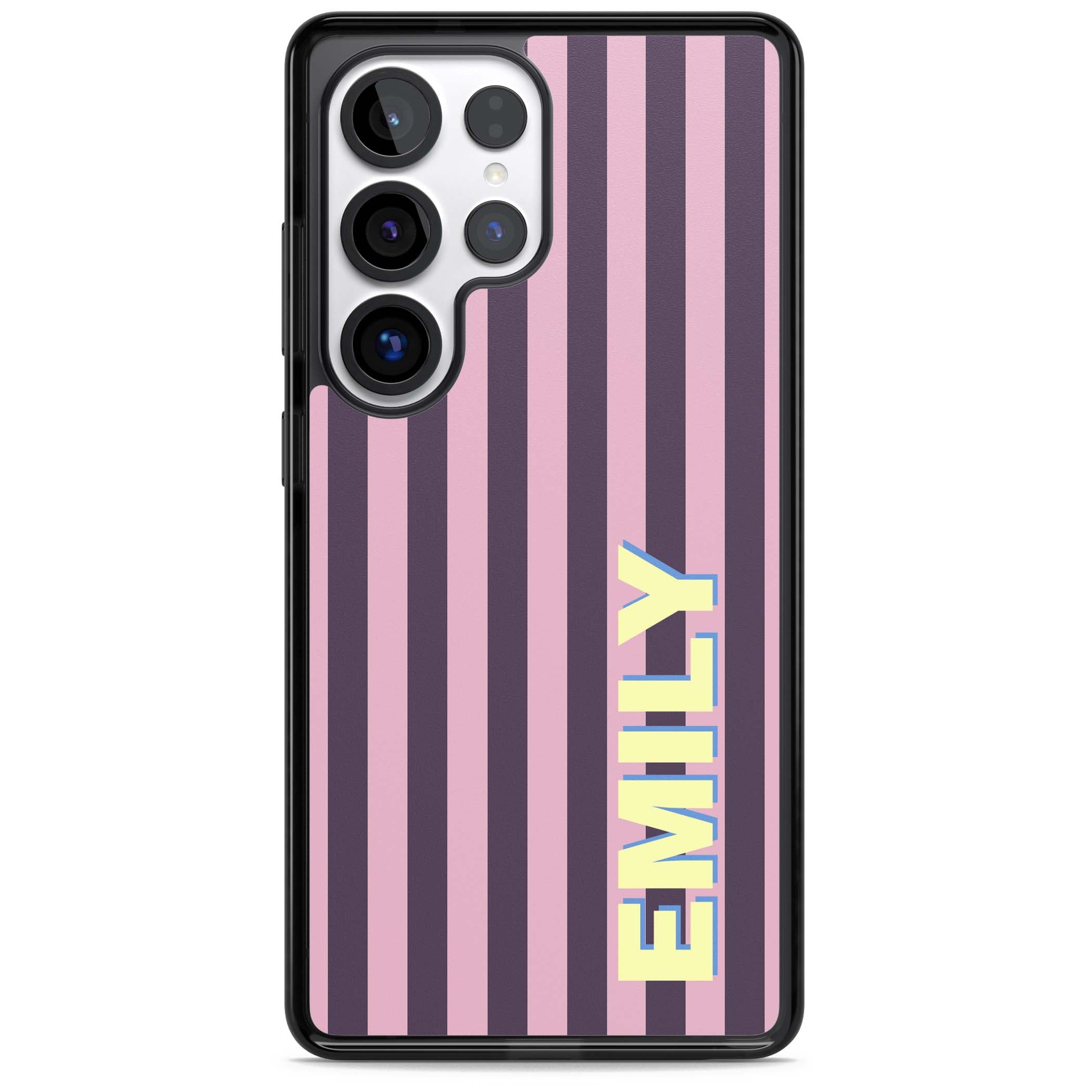Tyre Stripe personalised stripe iPhone case with plum and pink vertical stripes and custom yellow name | Black Impact case for Samsung Galaxy S25 Ultra