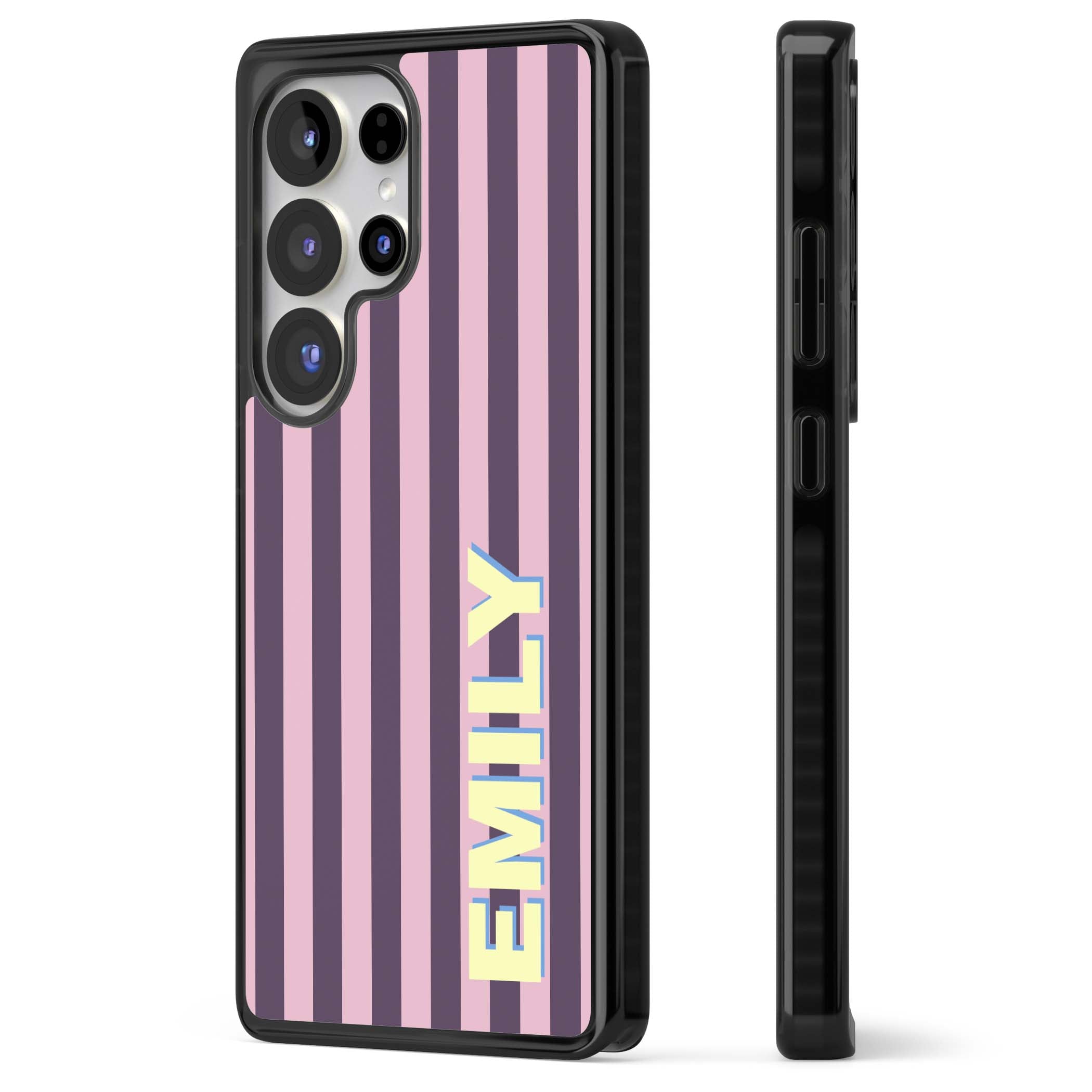 Tyre Stripe personalised stripe iPhone case with plum and pink vertical stripes and custom yellow name | Black Impact case for Samsung Galaxy S25 Ultra