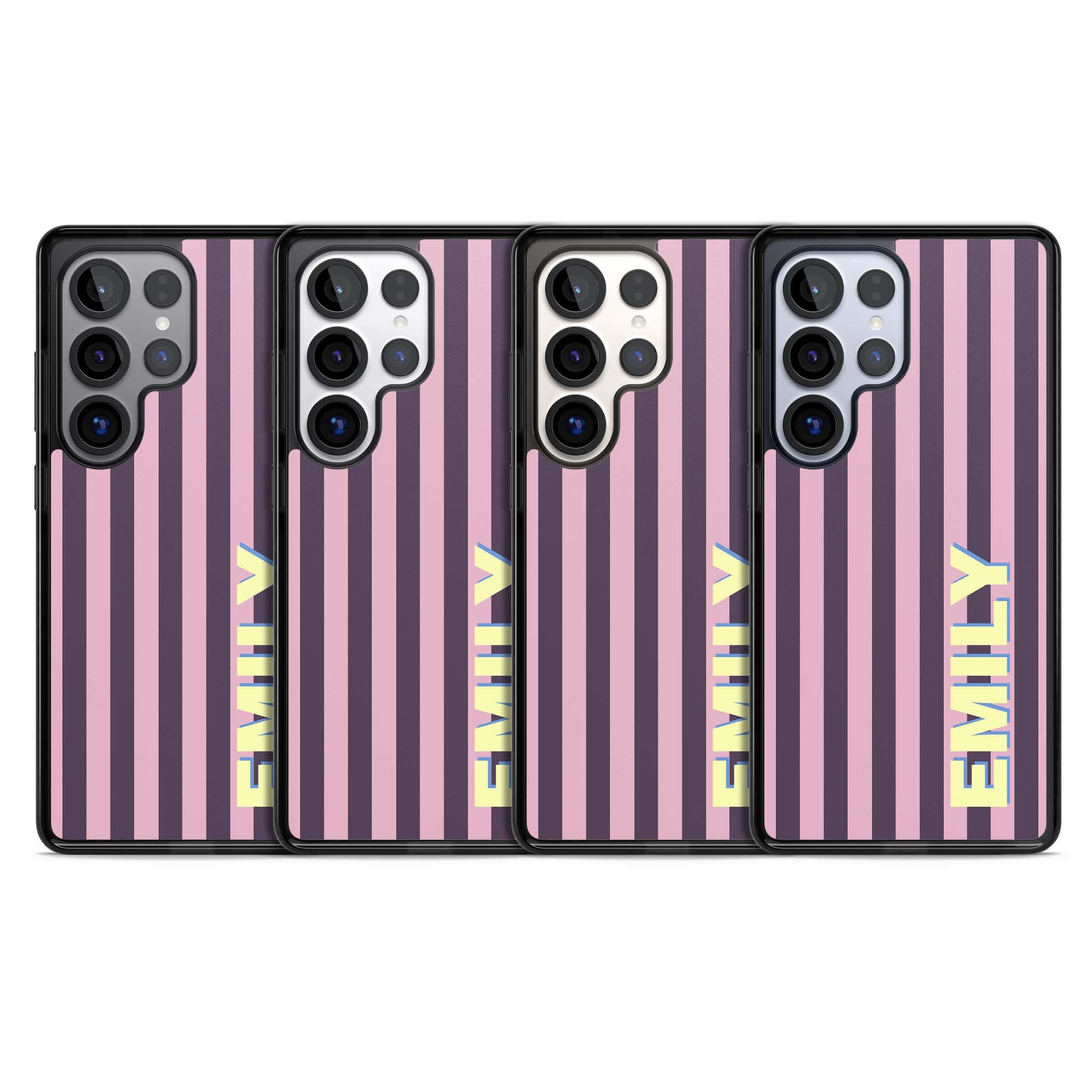 Tyre Stripe personalised stripe iPhone case with plum and pink vertical stripes and custom yellow name | Black Impact case for Samsung Galaxy S25 Ultra
