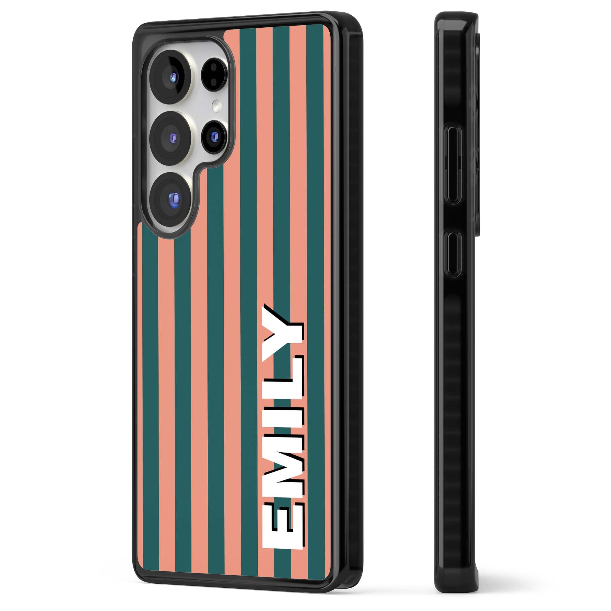 Tuscan Stripe personalised iPhone case featuring coral and green vertical stripes with bold custom name | Black Impact case for Samsung Galaxy S25 Ultra