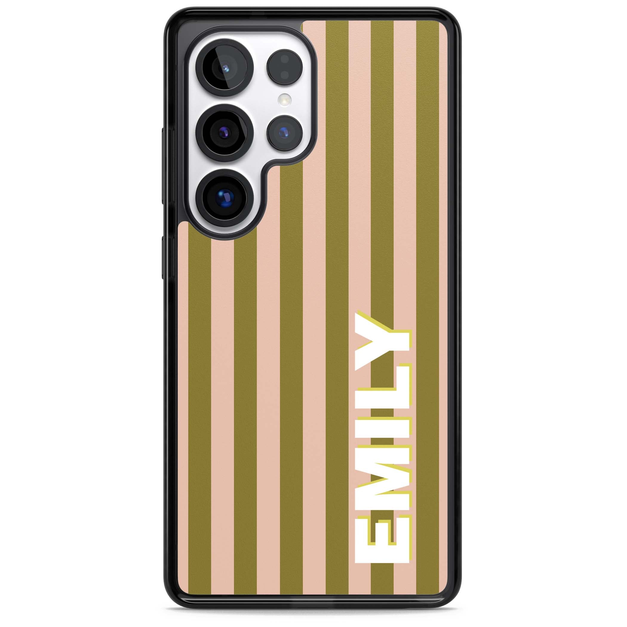 Indian Stripe personalised iPhone case featuring olive green and blush pink vertical stripes with custom name in whit | Black Impact case for Samsung Galaxy S25 Ultra