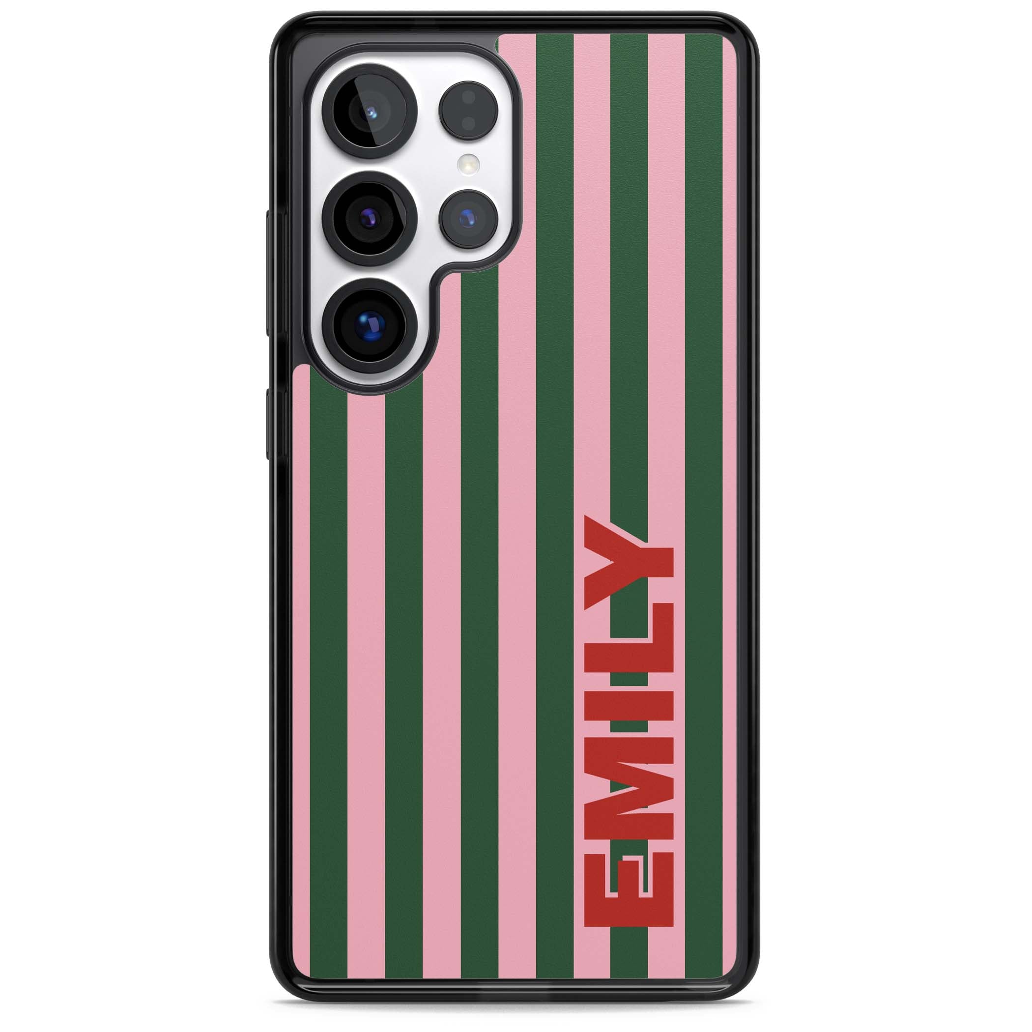 Italian Stripe preppy iPhone case featuring pink and green vertical stripes with personalised red name | Black Impact case for Samsung Galaxy S25 Ultra