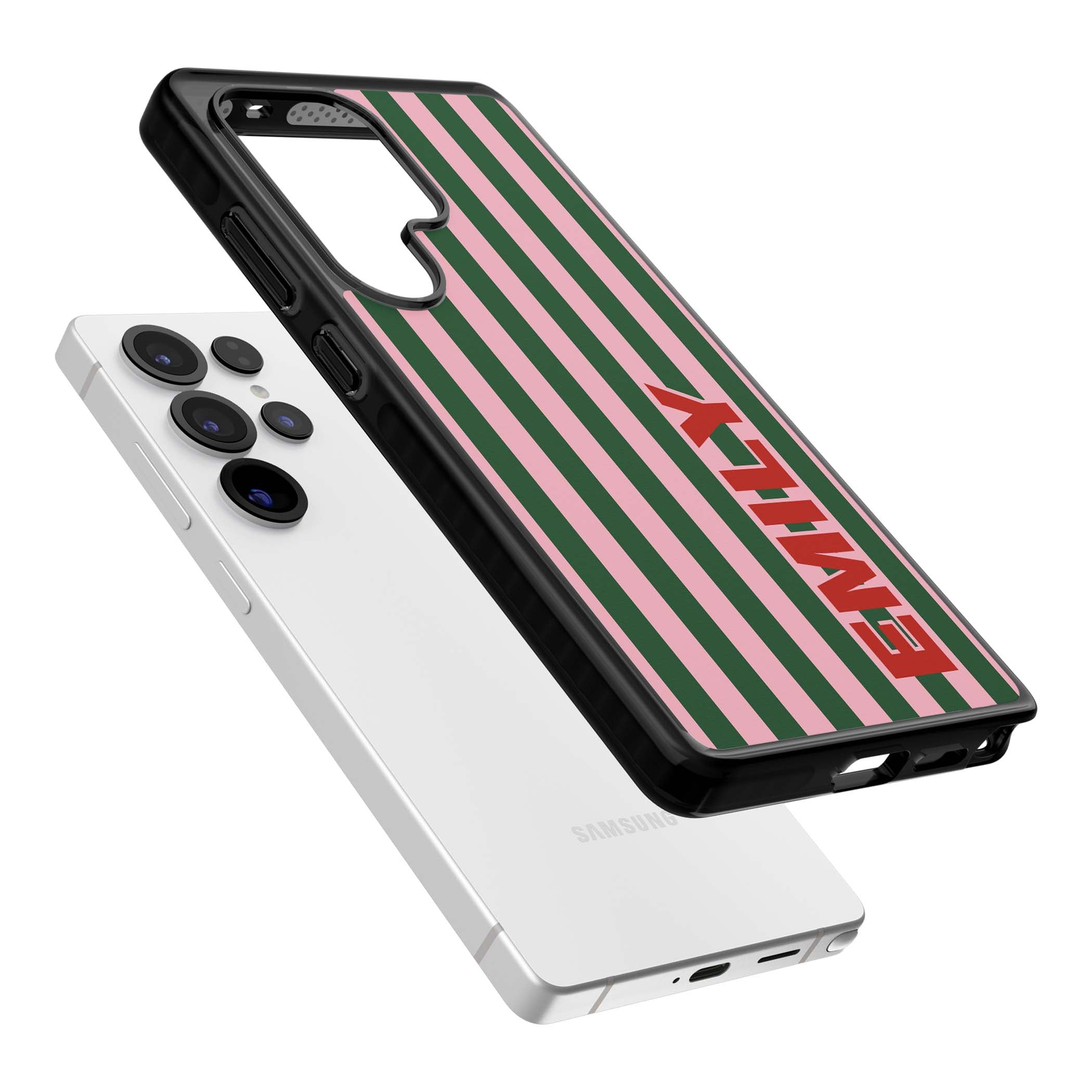 Italian Stripe preppy iPhone case featuring pink and green vertical stripes with personalised red name | Black Impact case for Samsung Galaxy S25 Ultra
