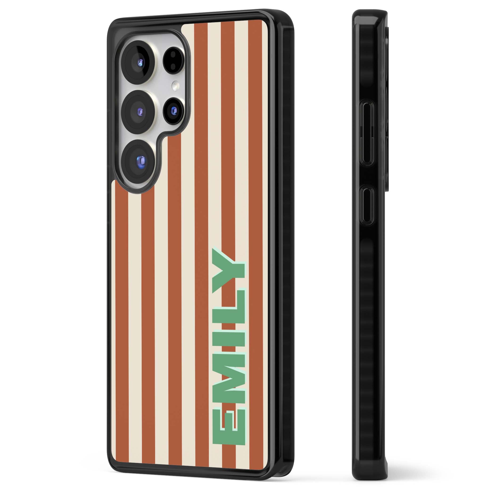 Dune Stripe personalised iPhone case with rust and cream vertical stripes and custom name in mint green | Black Impact case for Samsung Galaxy S25 Ultra