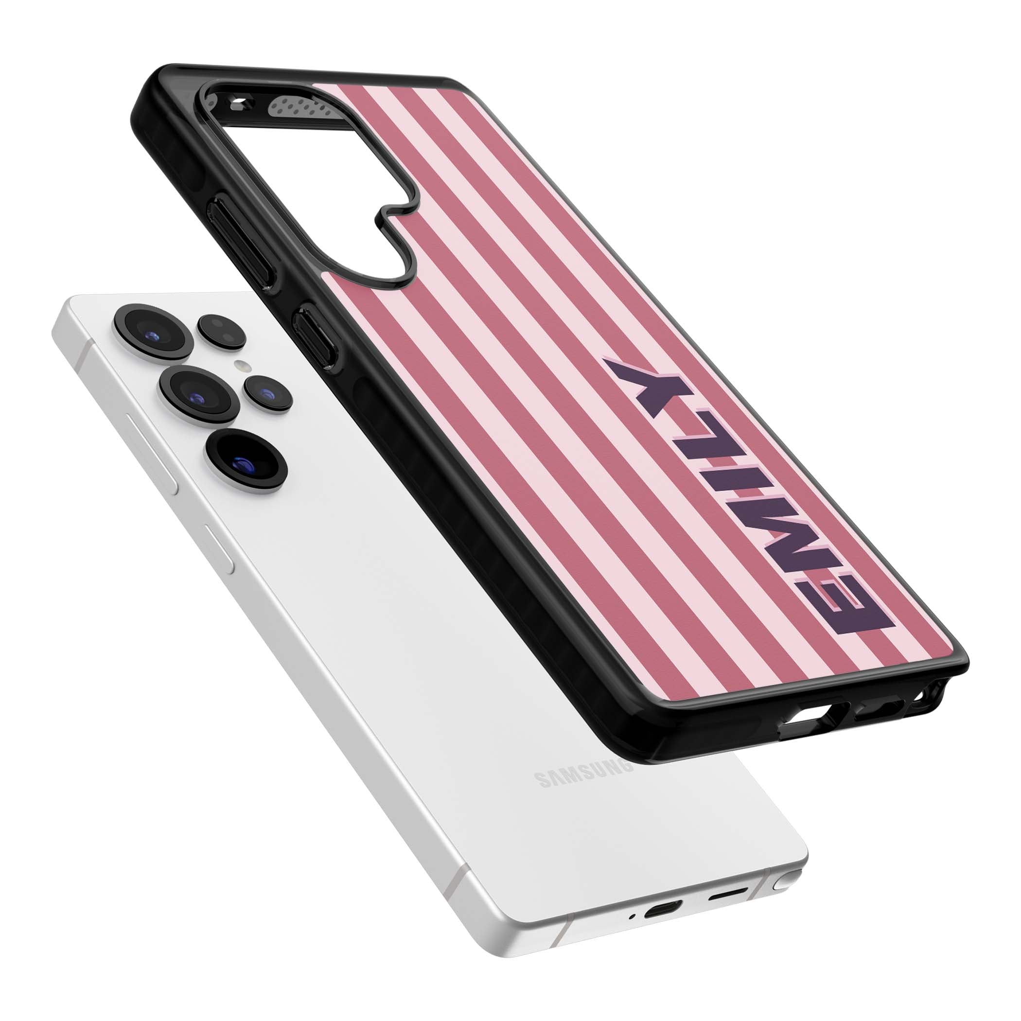 Victoria Stripe personalised iPhone case featuring pink vertical stripes and custom name in bold plum lettering | Black Impact case for Samsung Galaxy S25 Ultra