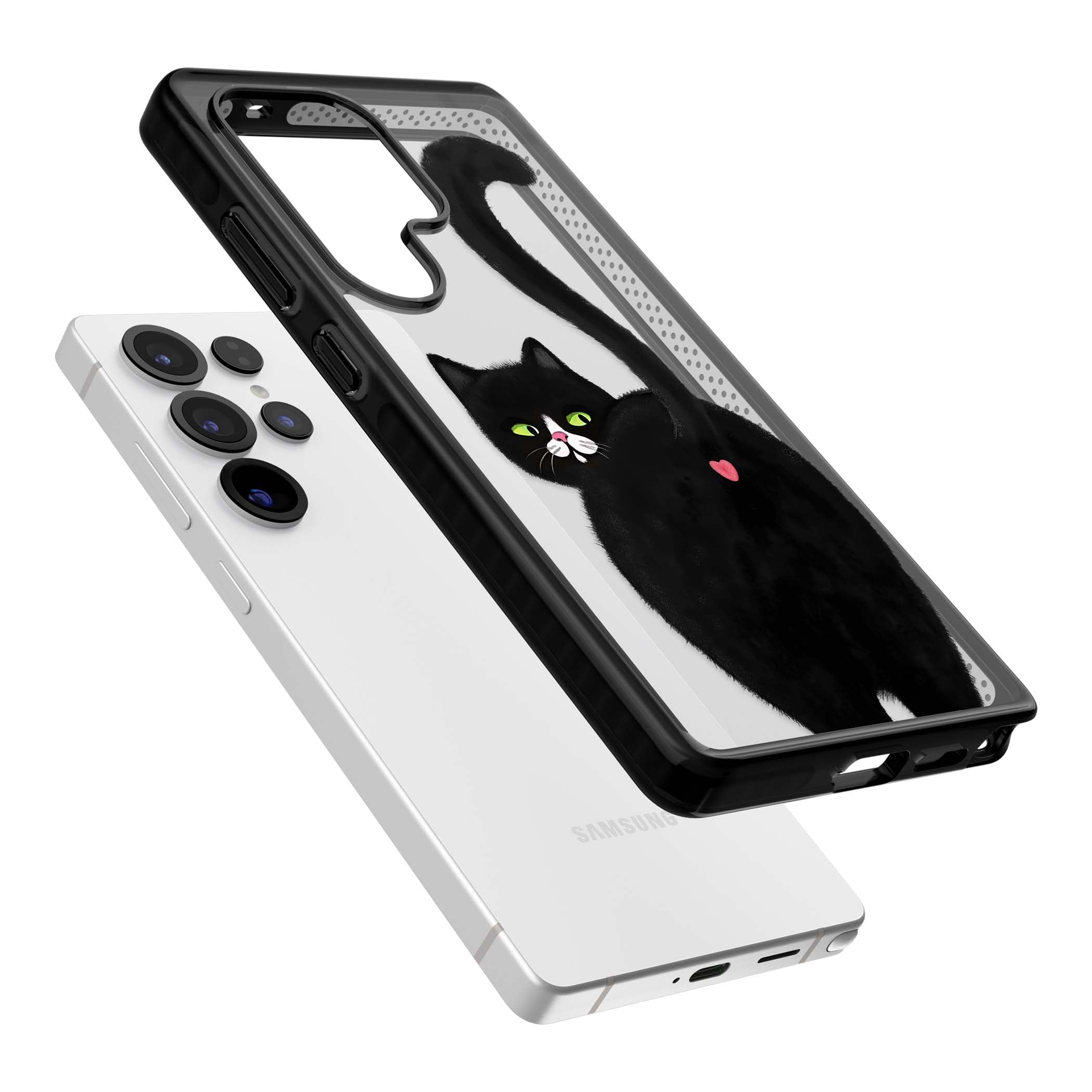 The Cat's Kiss cute cat iPhone case featuring a hand-painted tuxedo kitty with green eyes and a pink heart on a clear | Black Impact case for Samsung Galaxy S25 Ultra