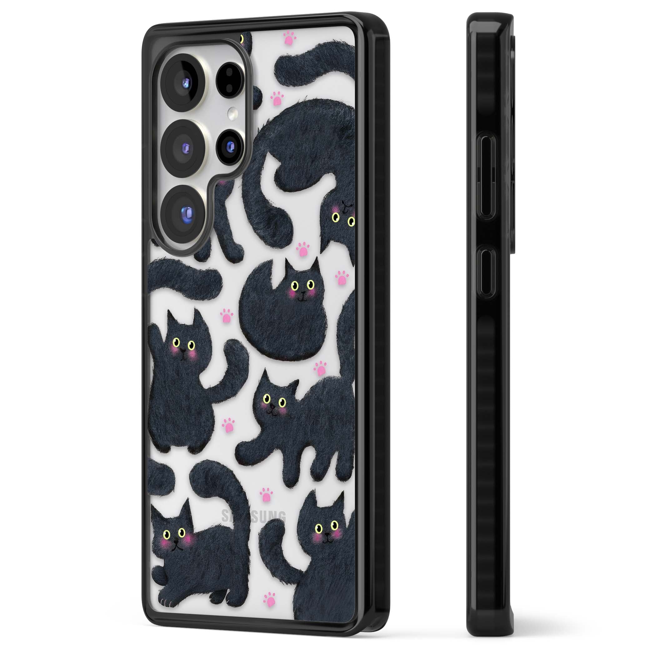 Midnight Cats cute iPhone case featuring black cat pattern with yellow eyes and pink paw prints | Black Impact case for Samsung Galaxy S25 Ultra