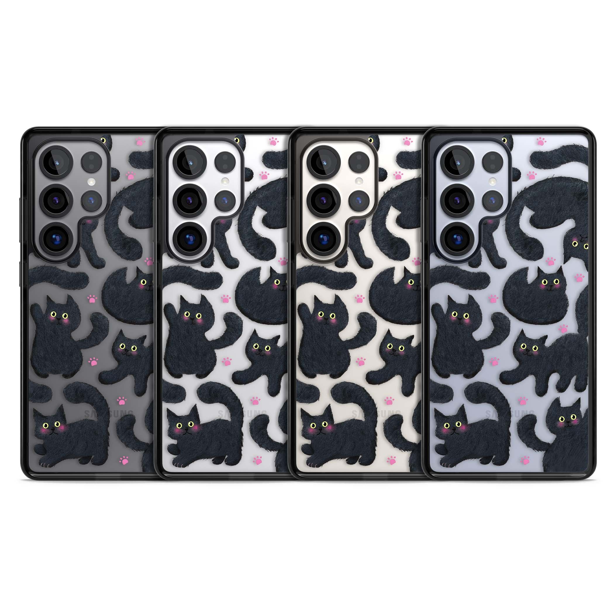 Midnight Cats cute iPhone case featuring black cat pattern with yellow eyes and pink paw prints | Black Impact case for Samsung Galaxy S25 Ultra