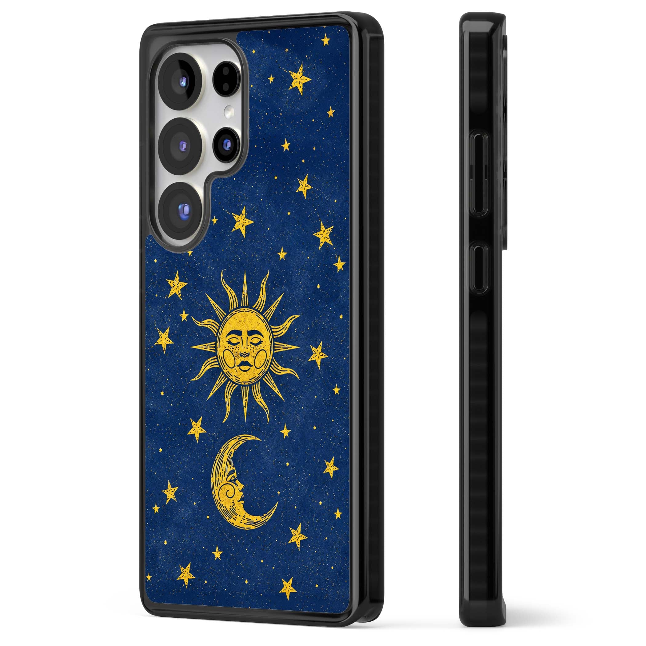 Sun & Moon Reverie celestial iPhone case featuring a vintage golden sun, crescent moon and scattered stars on midnight blue | Black Impact case for Samsung Galaxy S25 Ultra