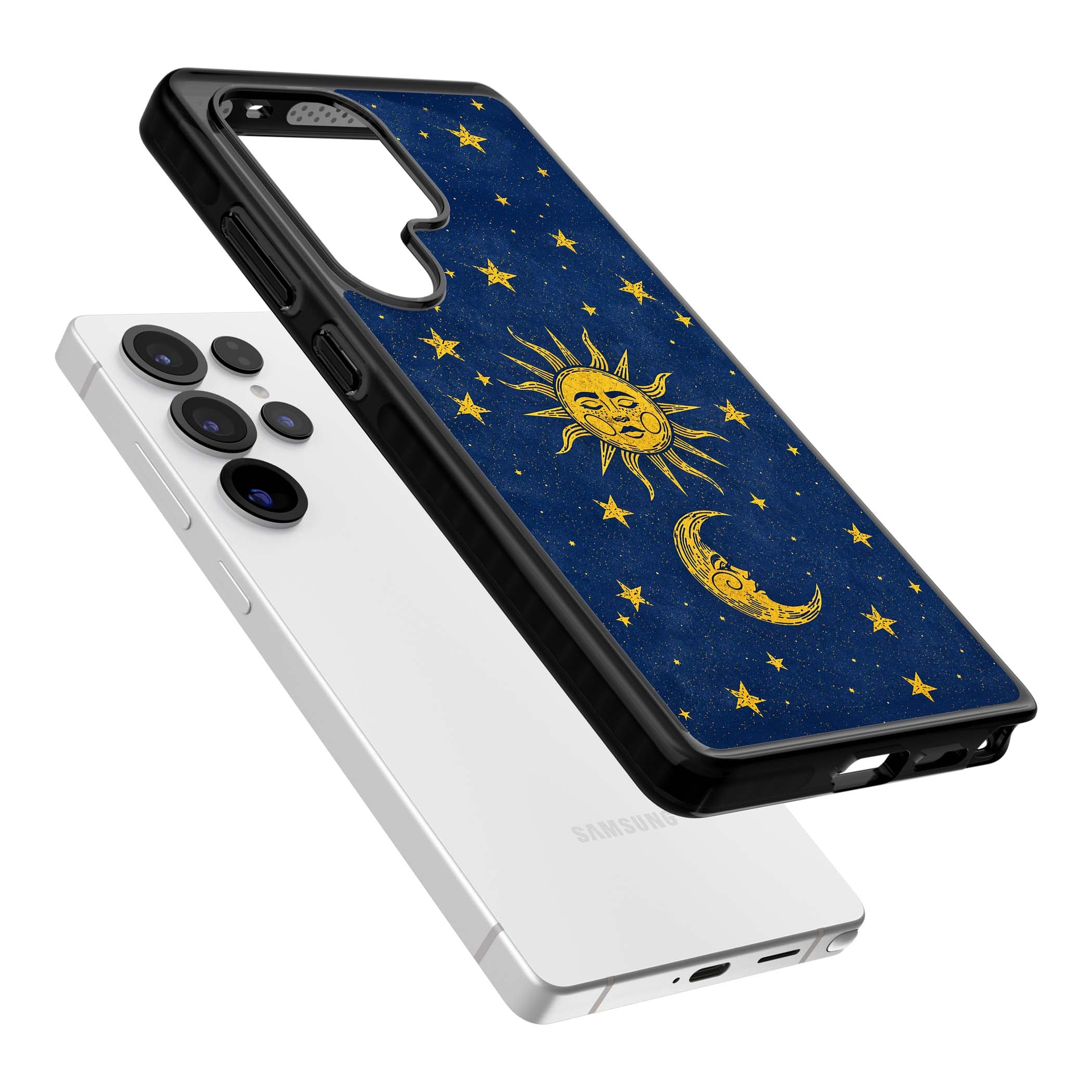 Sun & Moon Reverie celestial iPhone case featuring a vintage golden sun, crescent moon and scattered stars on midnight blue | Black Impact case for Samsung Galaxy S25 Ultra