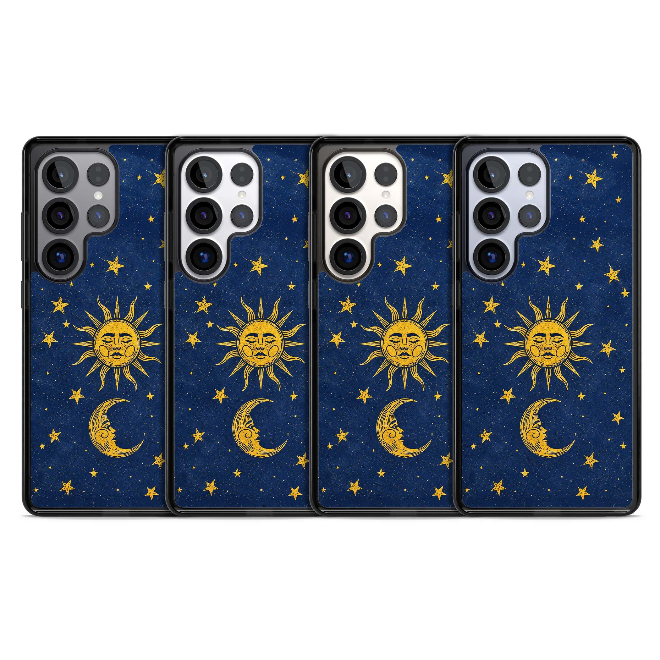Sun & Moon Reverie celestial iPhone case featuring a vintage golden sun, crescent moon and scattered stars on midnight blue | Black Impact case for Samsung Galaxy S25 Ultra