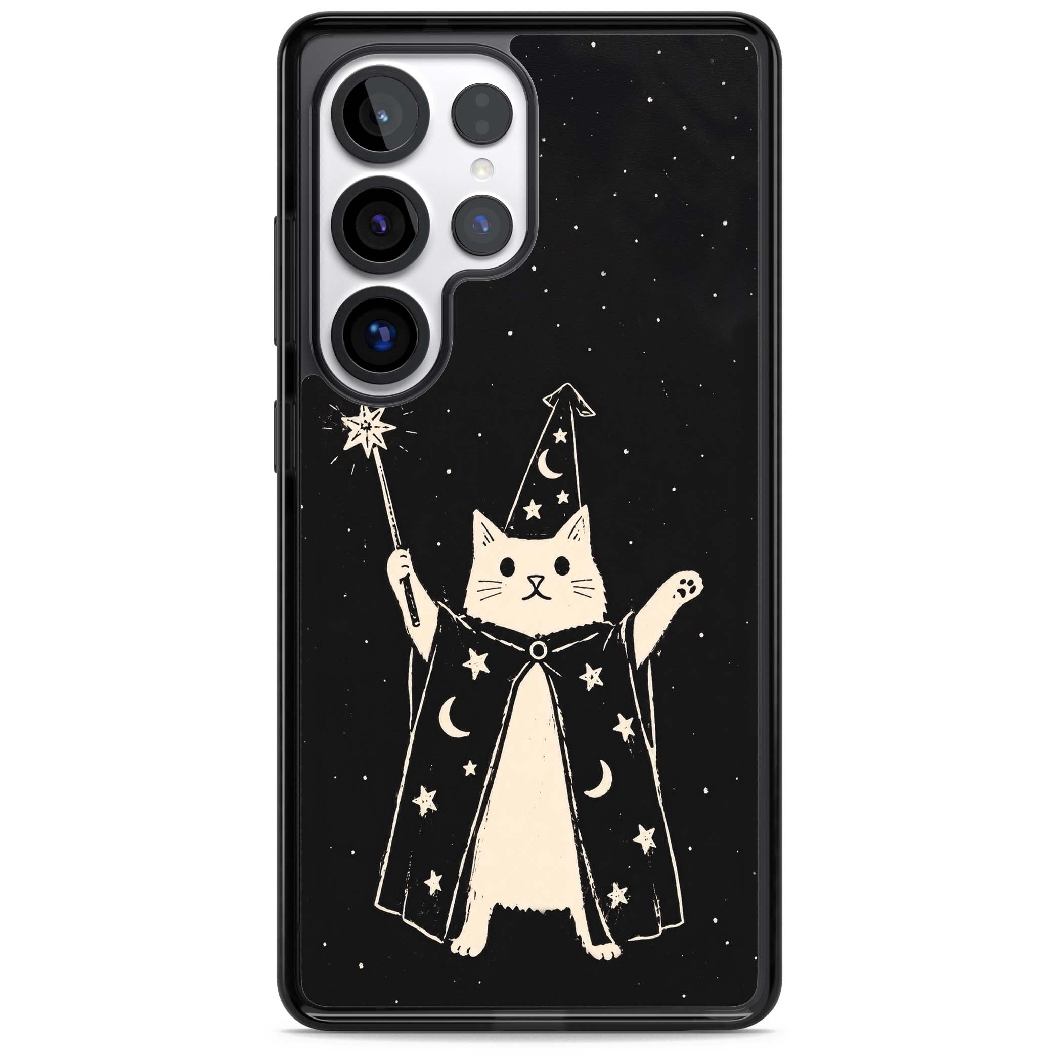 Whisker Wizard celestial cat iPhone case featuring a wizard cat with magic wand, starry night sky and crescent moons | Black Impact case for Samsung Galaxy S25 Ultra