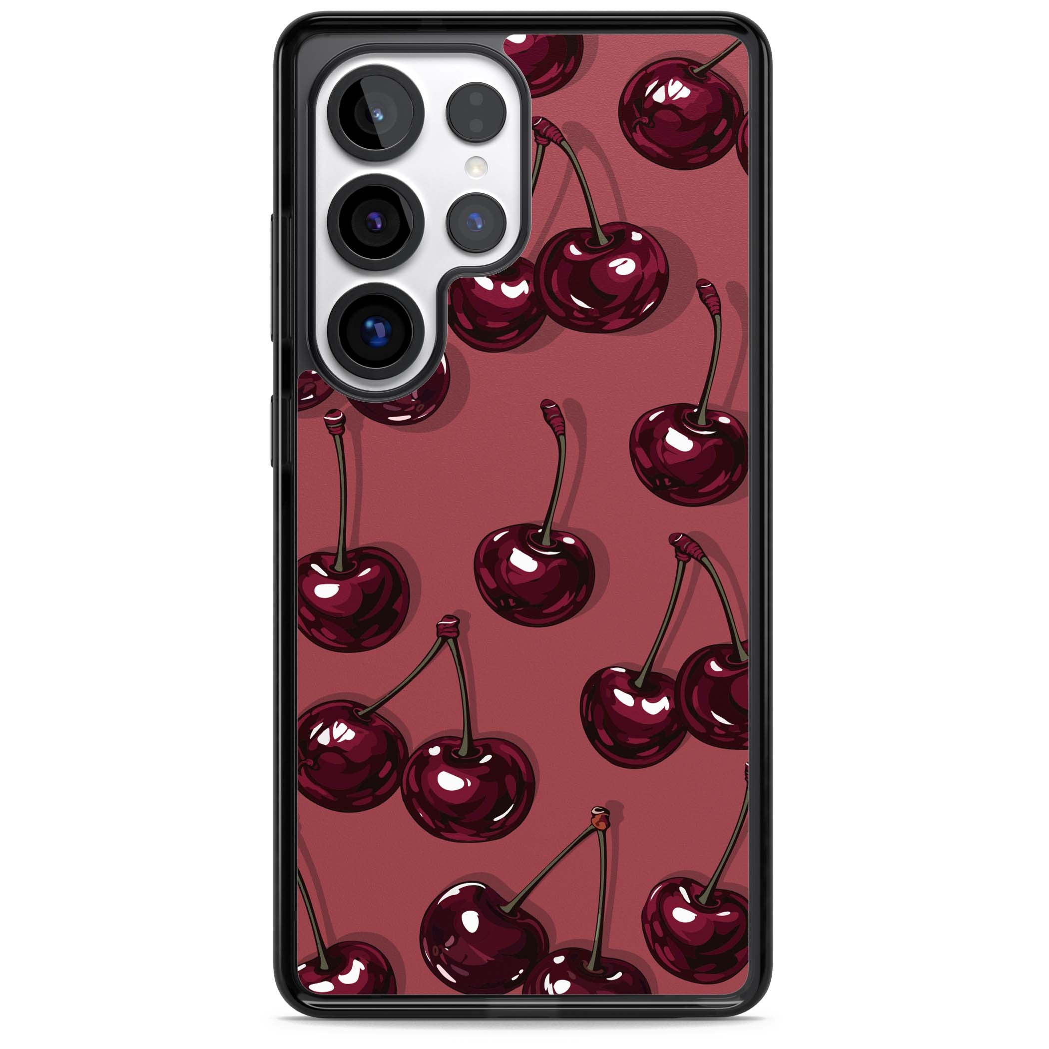 Cherry Rebel coquette iPhone case featuring glossy burgundy cherries on a dusty rose background | Black Impact case for Samsung Galaxy S25 Ultra
