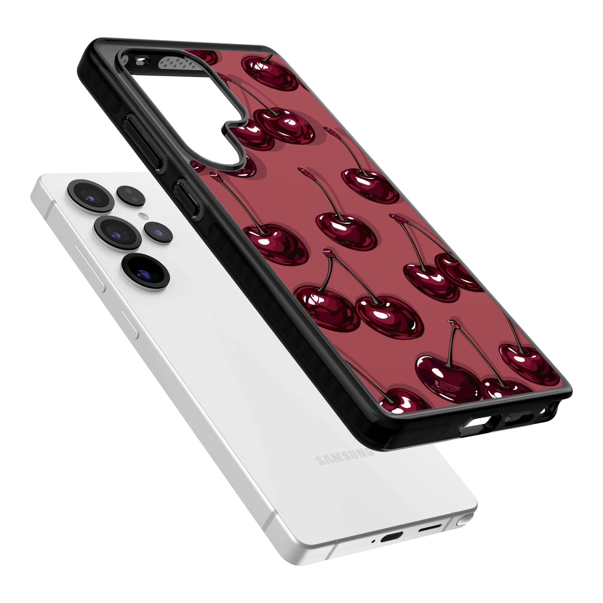 Cherry Rebel coquette iPhone case featuring glossy burgundy cherries on a dusty rose background | Black Impact case for Samsung Galaxy S25 Ultra