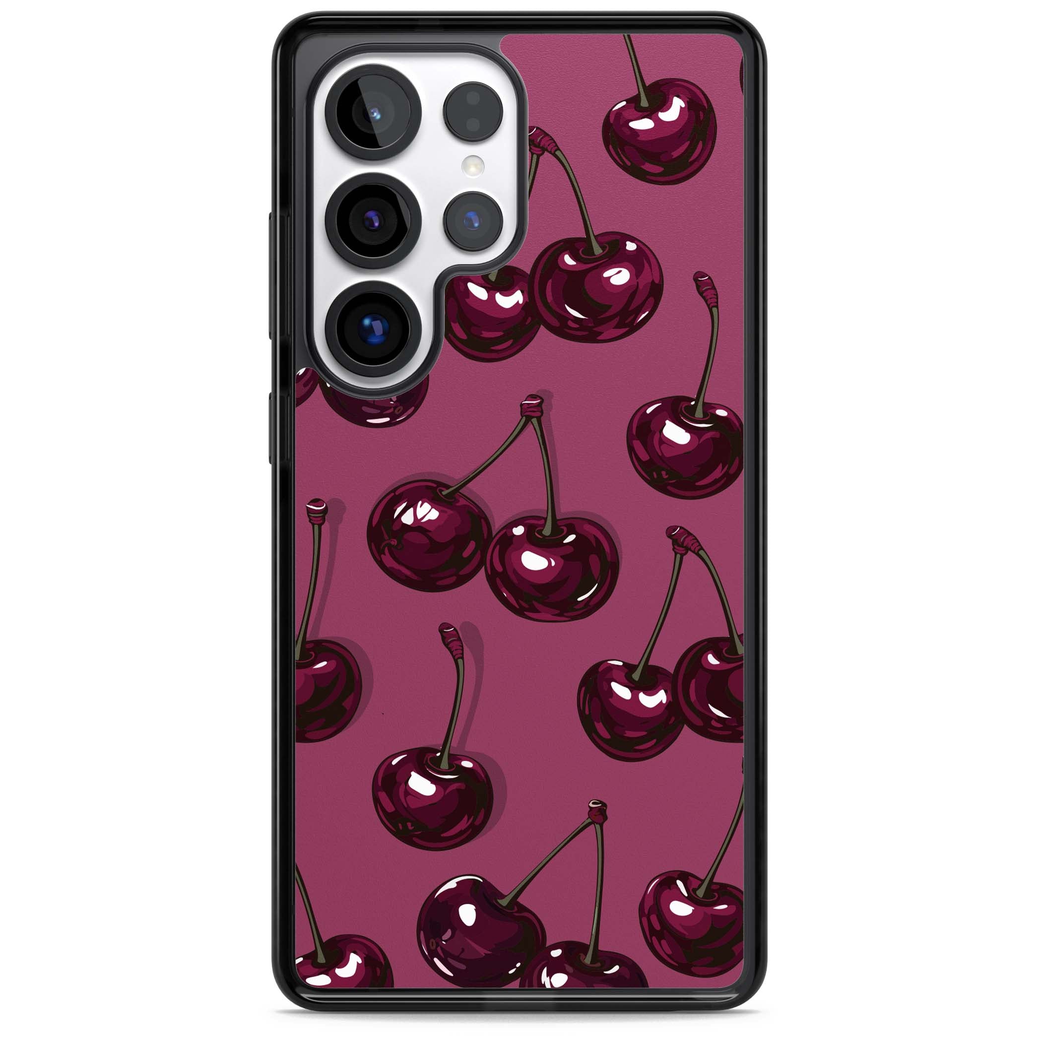 Cherry Soda coquette iPhone case featuring glossy burgundy cherries on a dusty pink background | Black Impact case for Samsung Galaxy S25 Ultra