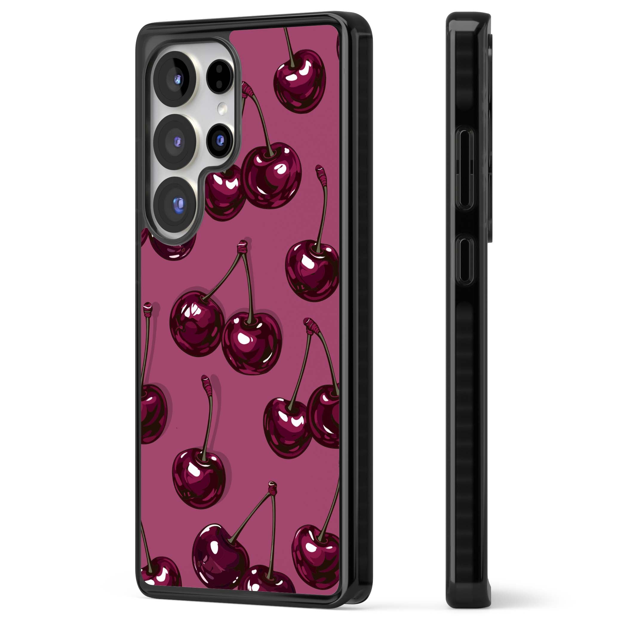 Cherry Soda coquette iPhone case featuring glossy burgundy cherries on a dusty pink background | Black Impact case for Samsung Galaxy S25 Ultra