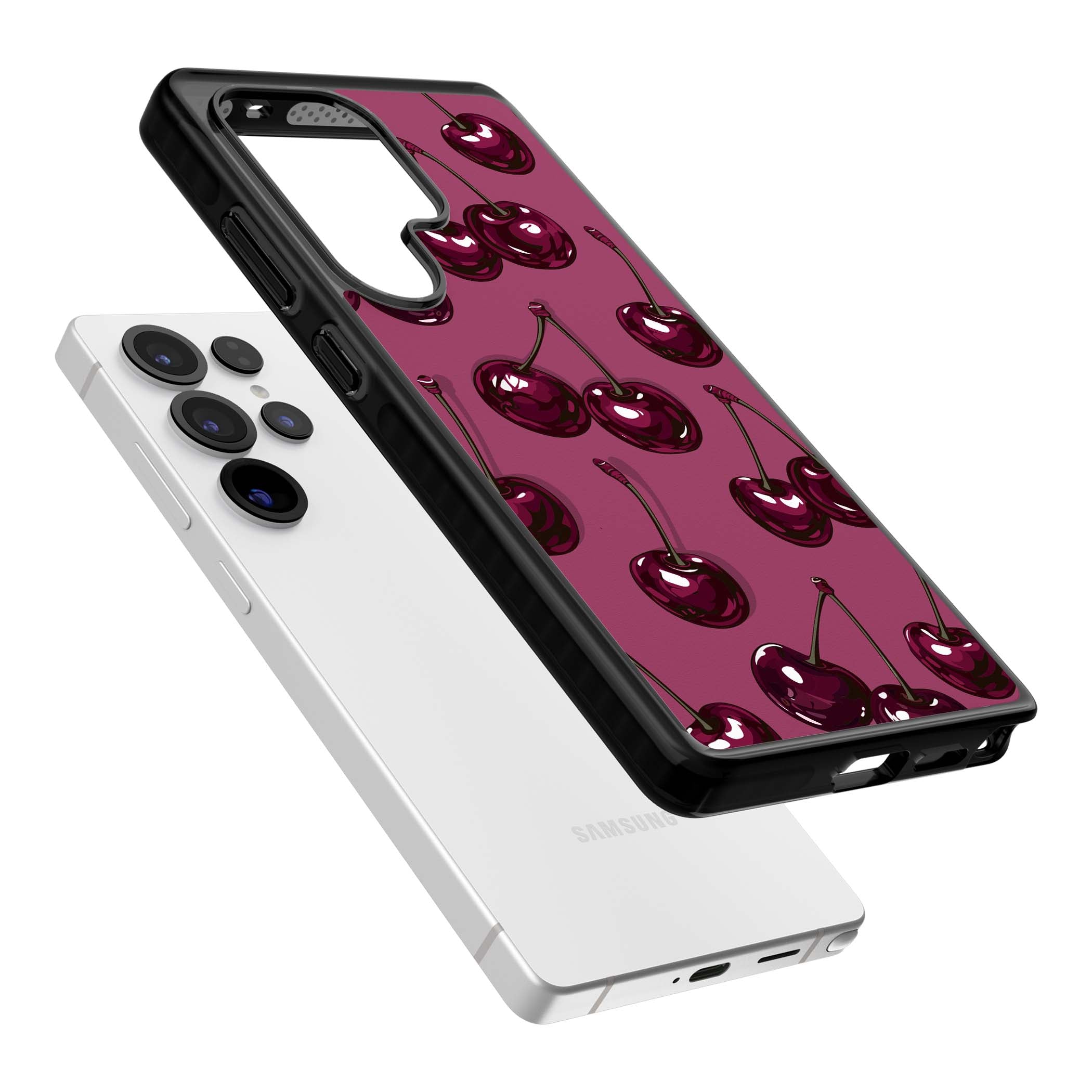 Cherry Soda coquette iPhone case featuring glossy burgundy cherries on a dusty pink background | Black Impact case for Samsung Galaxy S25 Ultra