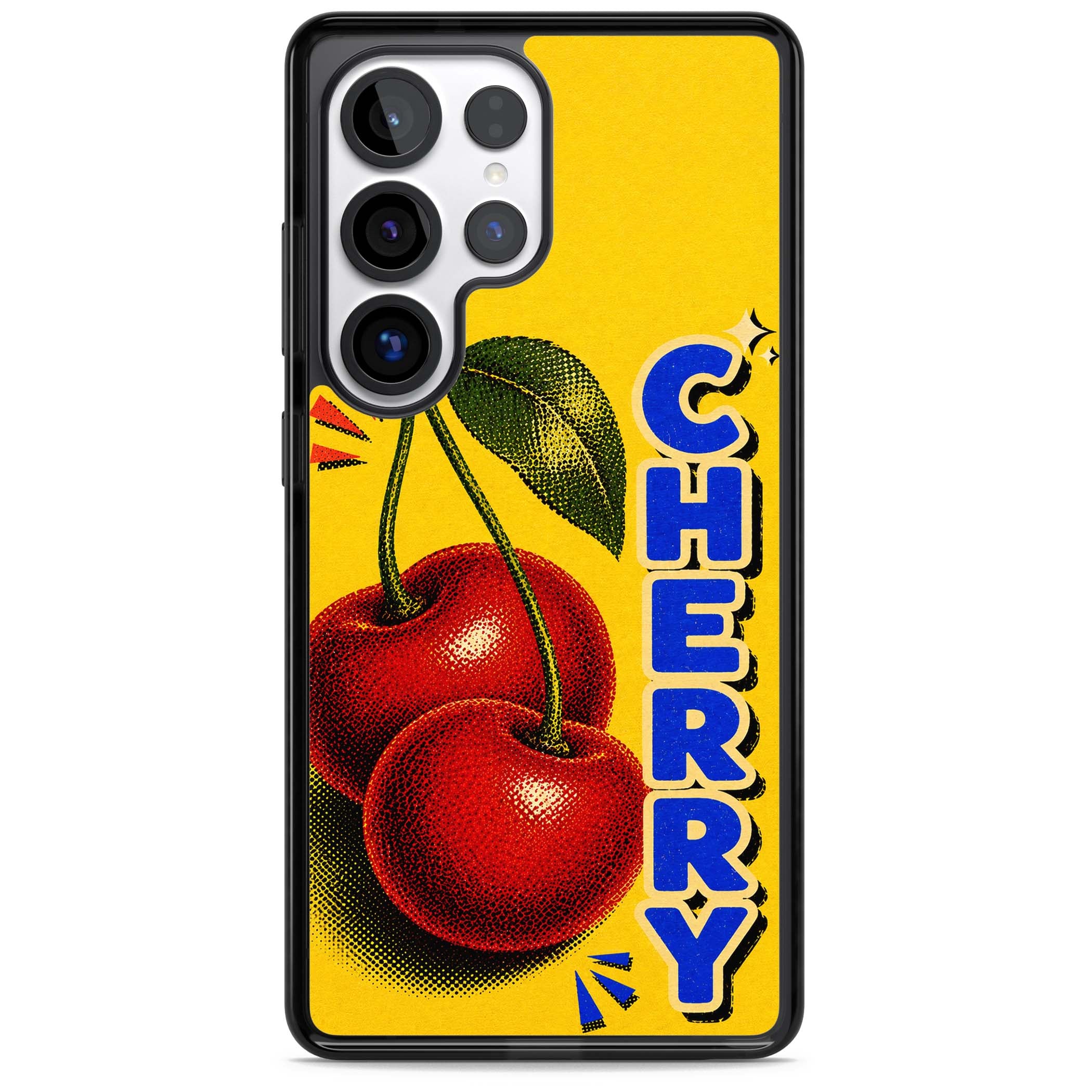 Cherry Yellow y2k iPhone case featuring two red cherries, halftone shading and bold blue CHERRY lettering on yellow | Black Impact case for Samsung Galaxy S25 Ultra