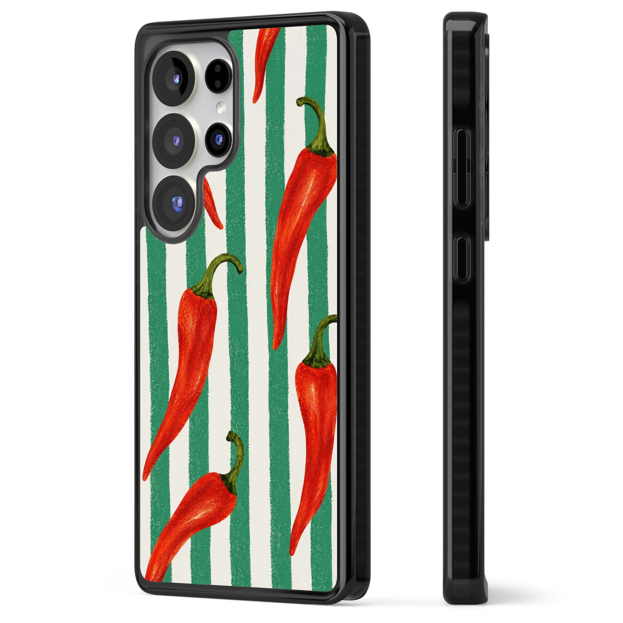 Striped Chillis coastal iPhone case featuring hand-painted red chili peppers on green and cream stripes | Black Impact case for Samsung Galaxy S25 Ultra